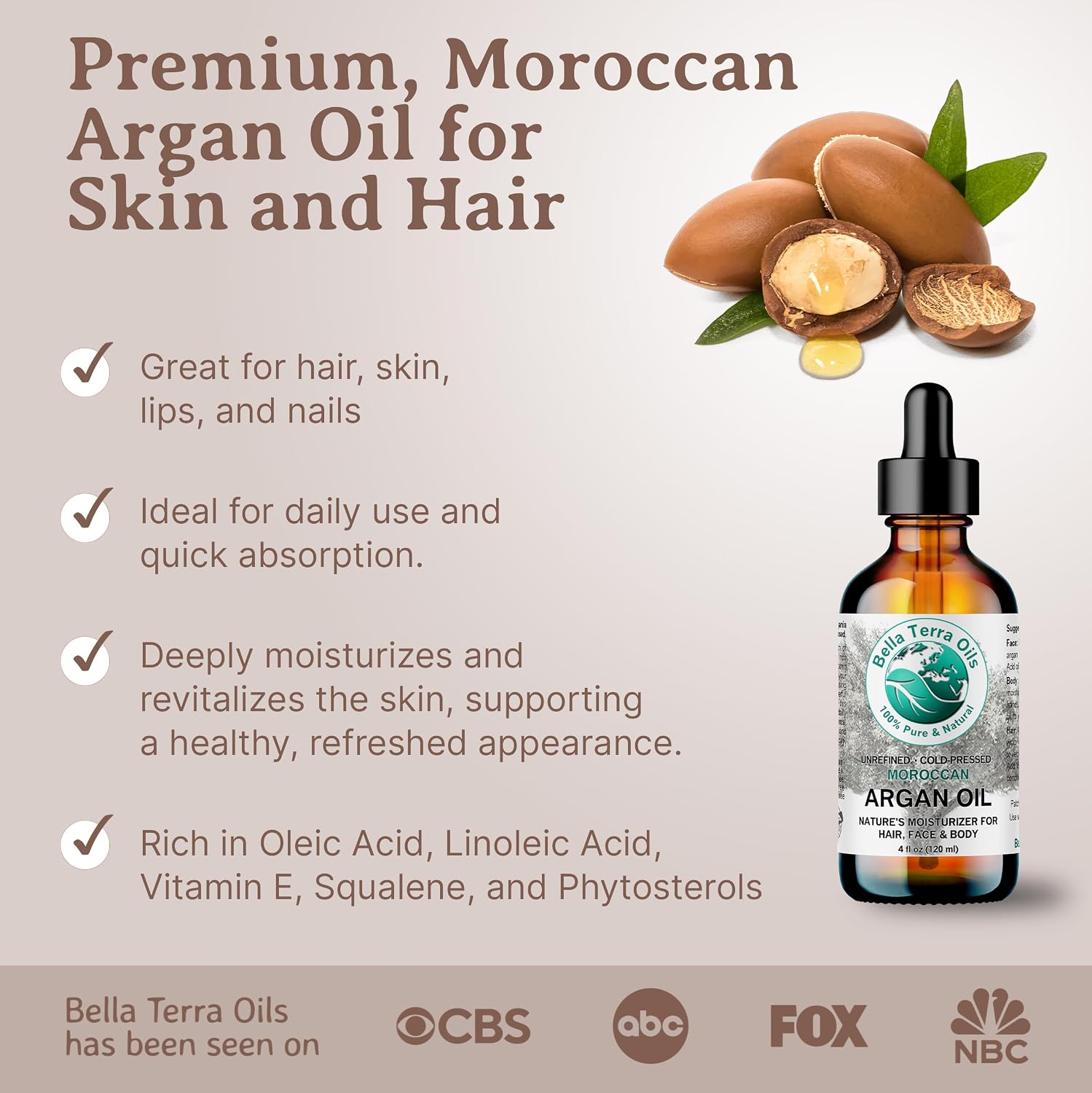 Bella Terra Oils - Argan Oil 2 oz - Cold-Pressed from Morocco, Rich in Vitamin E & Fatty Acids, Perfect Hair Oil Serum to Combat Frizz, Luxurious Face Oil