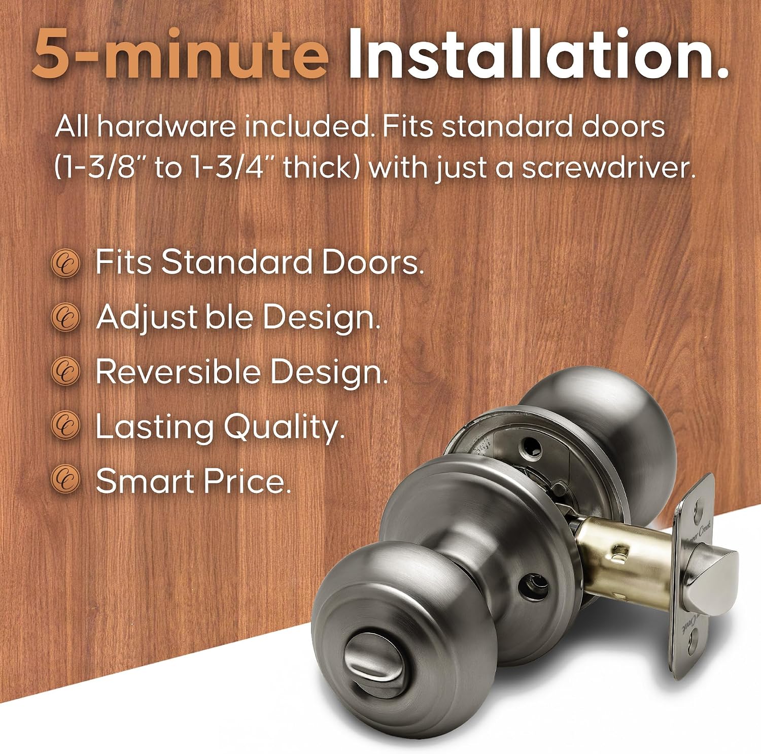 Copper Creek Colonial Privacy Interior Door Knob – ANSI Grade-3 Certified, Modern Heavy Duty Handle, Easy Install and Reversible for Bedroom, Bathroom and Closets – Satin Stainless (1 Pack)