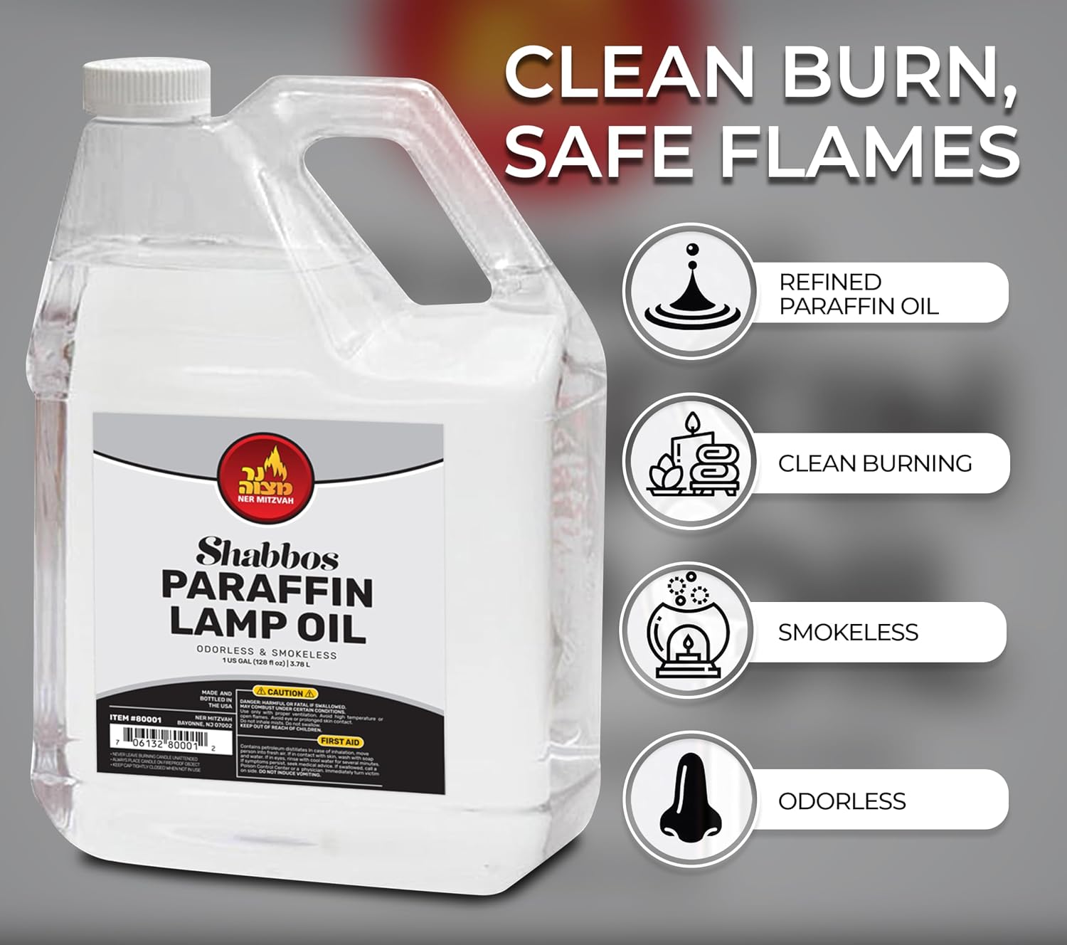 1 Gallon Paraffin Lamp Oil - Clear Smokeless, Odorless, Clean Burning Fuel for Indoor and Outdoor Use - Shabbos Lamp Oil, by Ner Mitzvah