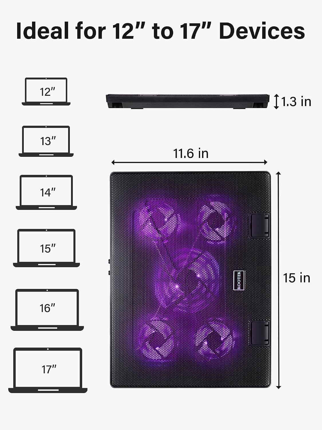 Kootek Laptop Cooling Pad Cooler Stand with 5 Quiet Fans for 12"-17" Laptop | 5 Fans, USB Powered, Laptop Cooling Stand with 2 USB Hub, 6 Adjustable Height, 360° Cooling Coverage, Anti-Slip, Blue LED