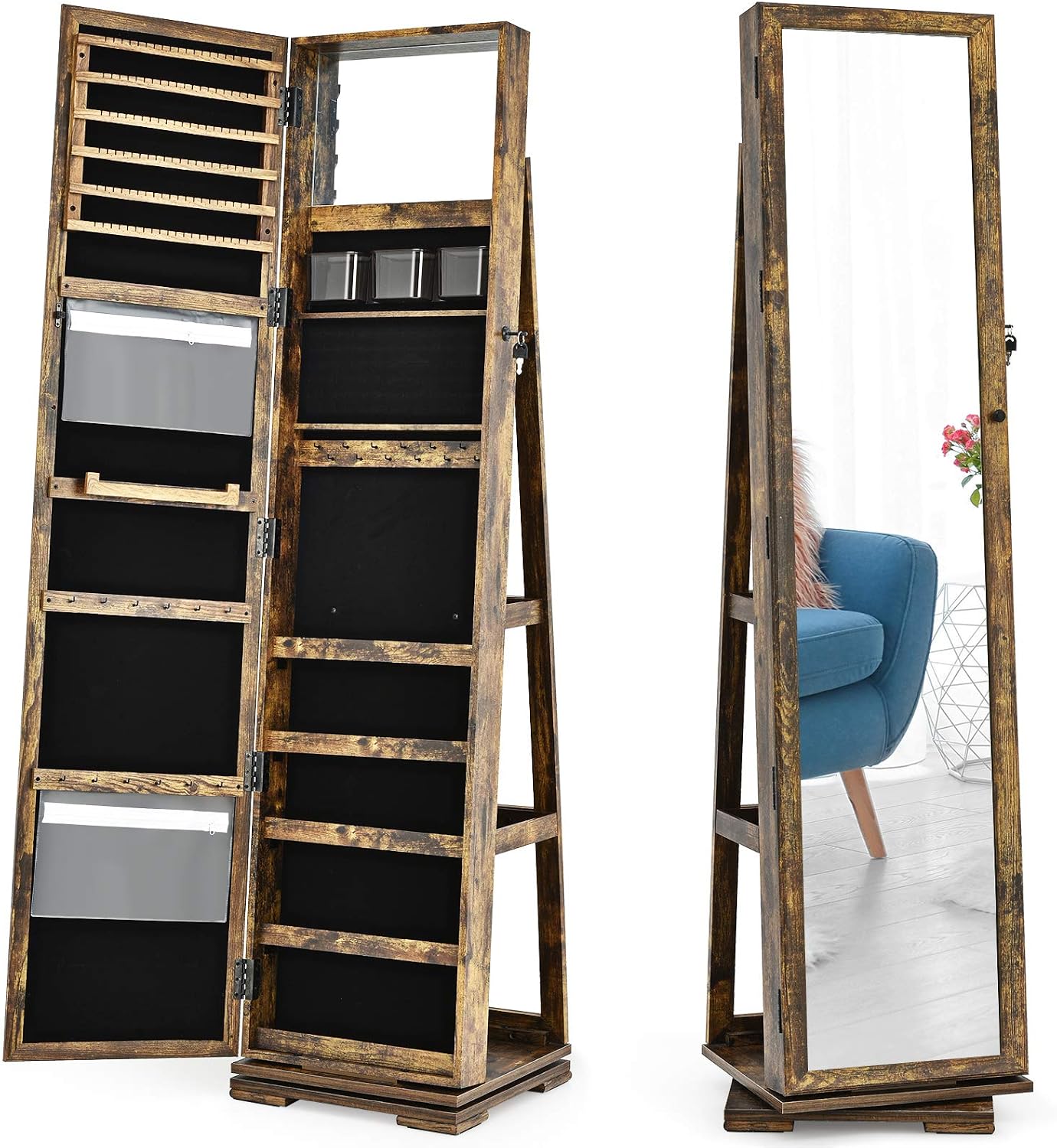 CHARMAID 360° Swivel Jewelry Armoire with Higher Full Length Mirror, Standing Lockable Jewelry Cabinet Organizer with Large Storage Capacity