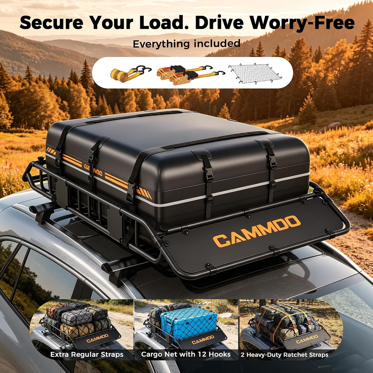 CAMMOO 54"x34" Roof Rack Basket Removable Fairing & Support Bars for Kayaks | All-In-One Kit Includes 15 Cu.Ft. Waterproof Bag, Cargo Net