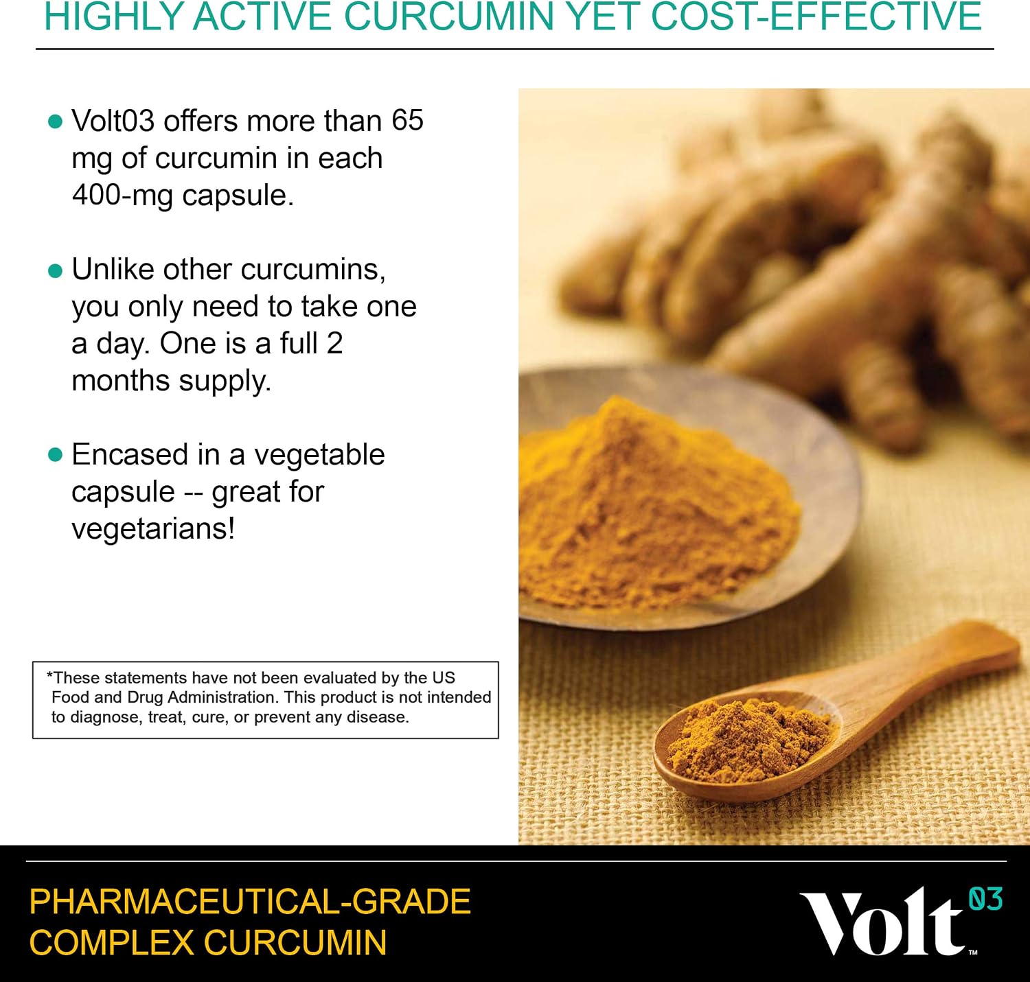 Volt03 Organic Turmeric Curcumin Capsules, 400mg Curcumin Complex, 60 Caps | 400mg curcumin complex supplement supporting joint health