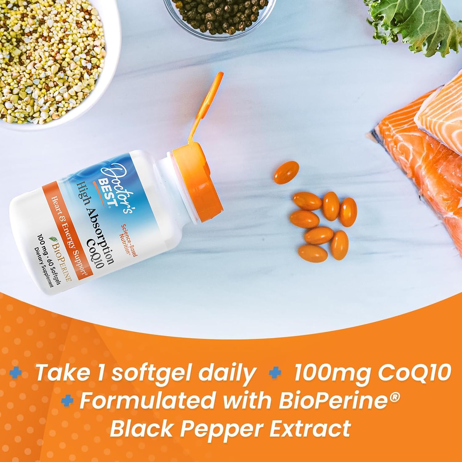 Doctor's Best High Absorption CoQ10 with BioPerine, Gluten Free Naturally Fermented, Heart Health & Energy Production, 100 mg, 60 SoFtgels