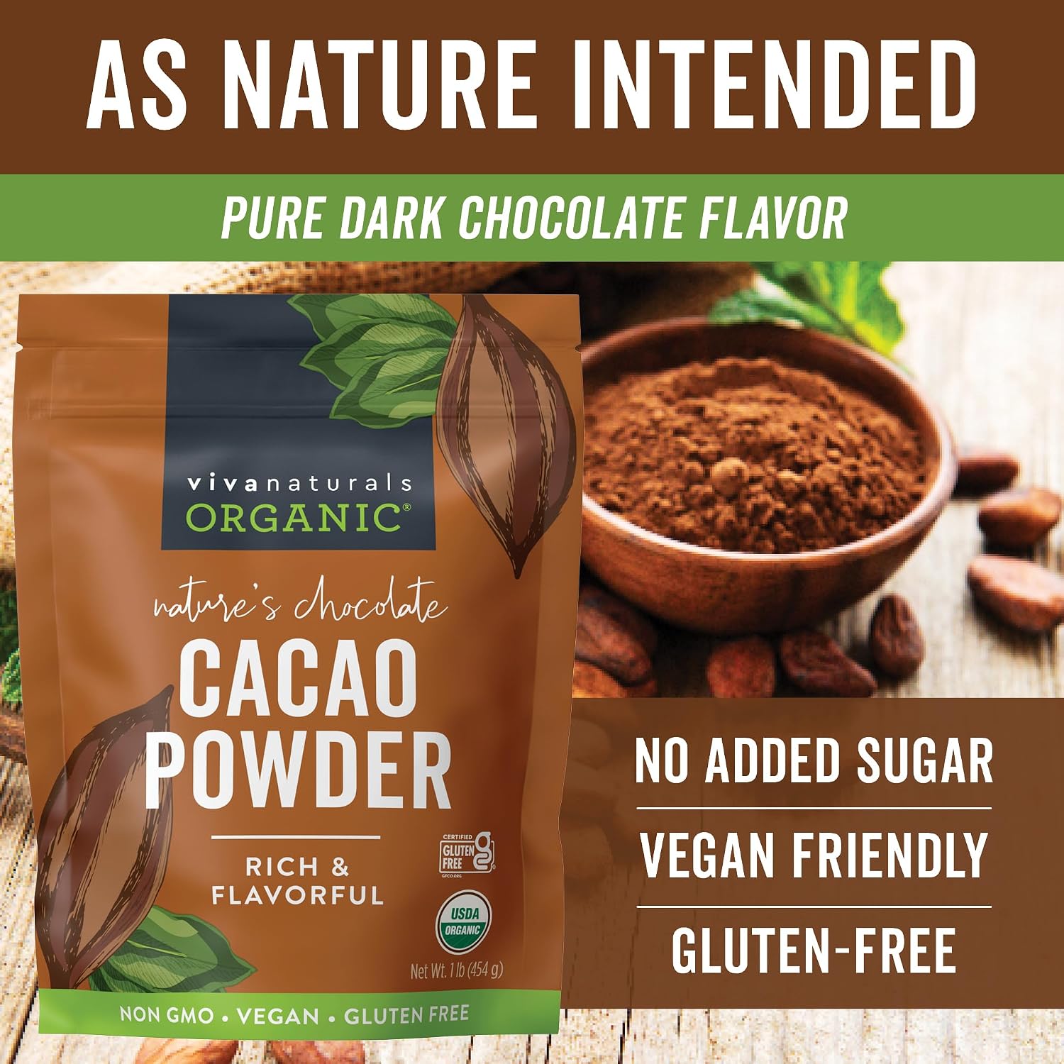 Organic Cacao Powder, Unsweetened, 1 lb (454 g) – Rich Dark Chocolate Flavor, Perfect for Baking, Smoothies & Hot Chocolate – Vegan, Keto, Paleo, Non-GMO & Gluten-Free Cocoa Powder