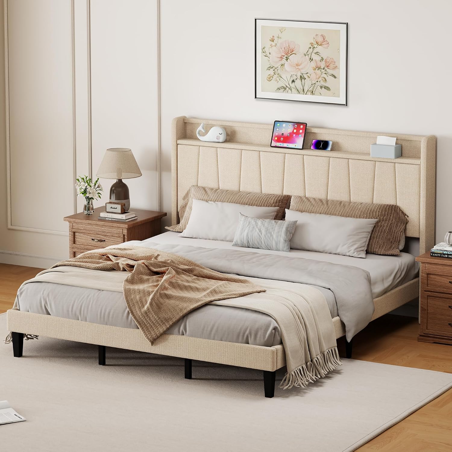 King Size Bed Frame with Headboard, Platform Bed with Upholstered Wingback Storage Headboard, Slats Support, No Box Spring Needed Beige