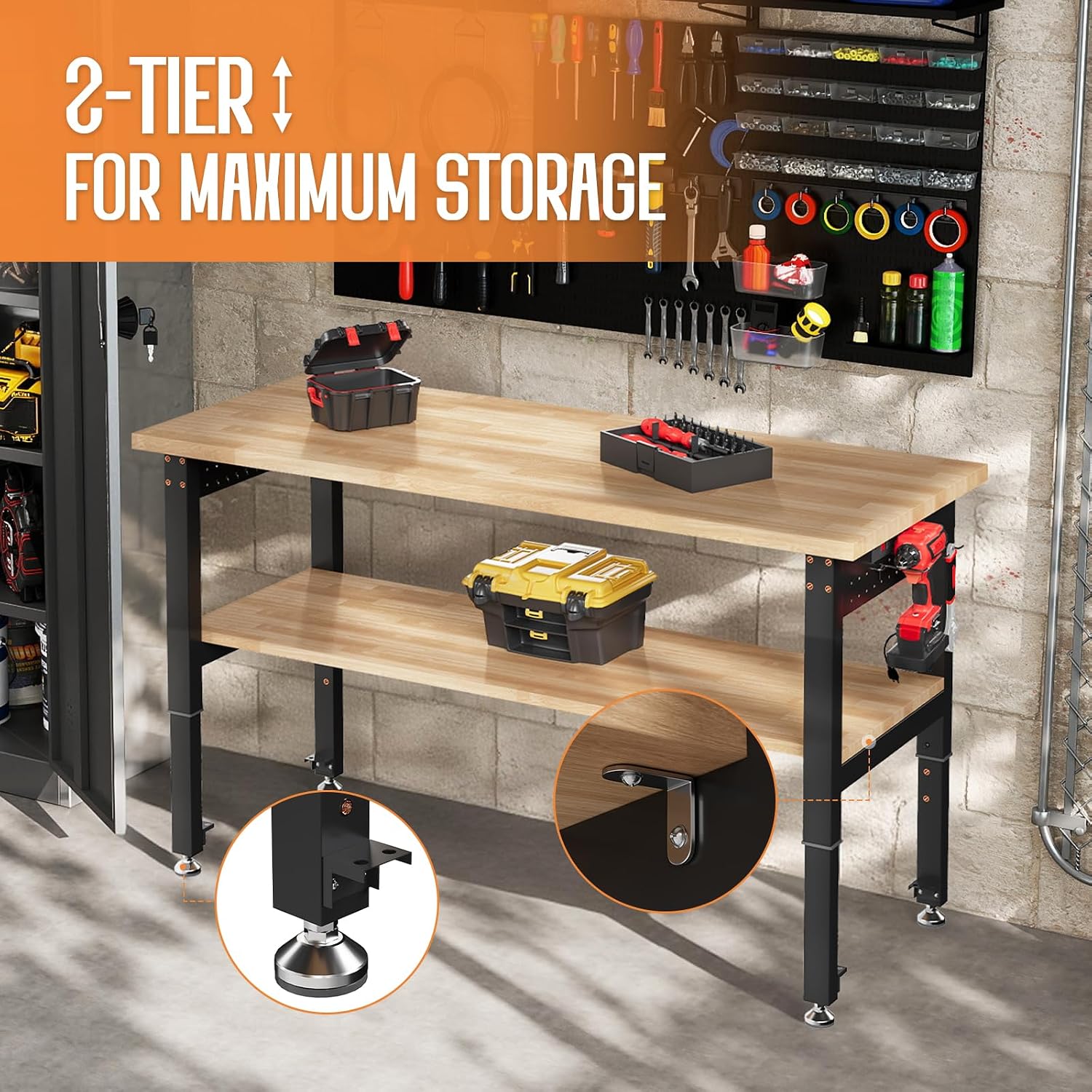 SPECRAFT Adjustable Black Heavy-Duty Workbench | 2000 Lbs Capacity, Rubber Wood Top, 4 AC Outlets and 2 USB Ports, for Garage, Workshop and Office