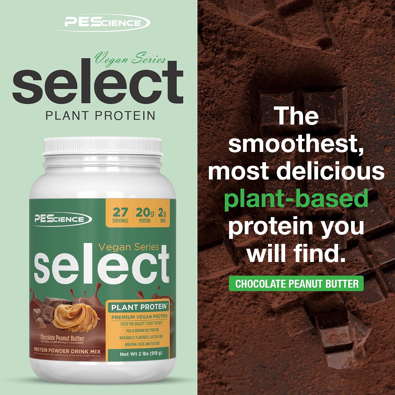 PEScience Select Vegan Protein Powder, Peanut Butter Delight, 27 Servings | Plant Based Protein Powder, Pea and Brown Rice Blend, Dairy Free, Lactose Free, Gluten Free