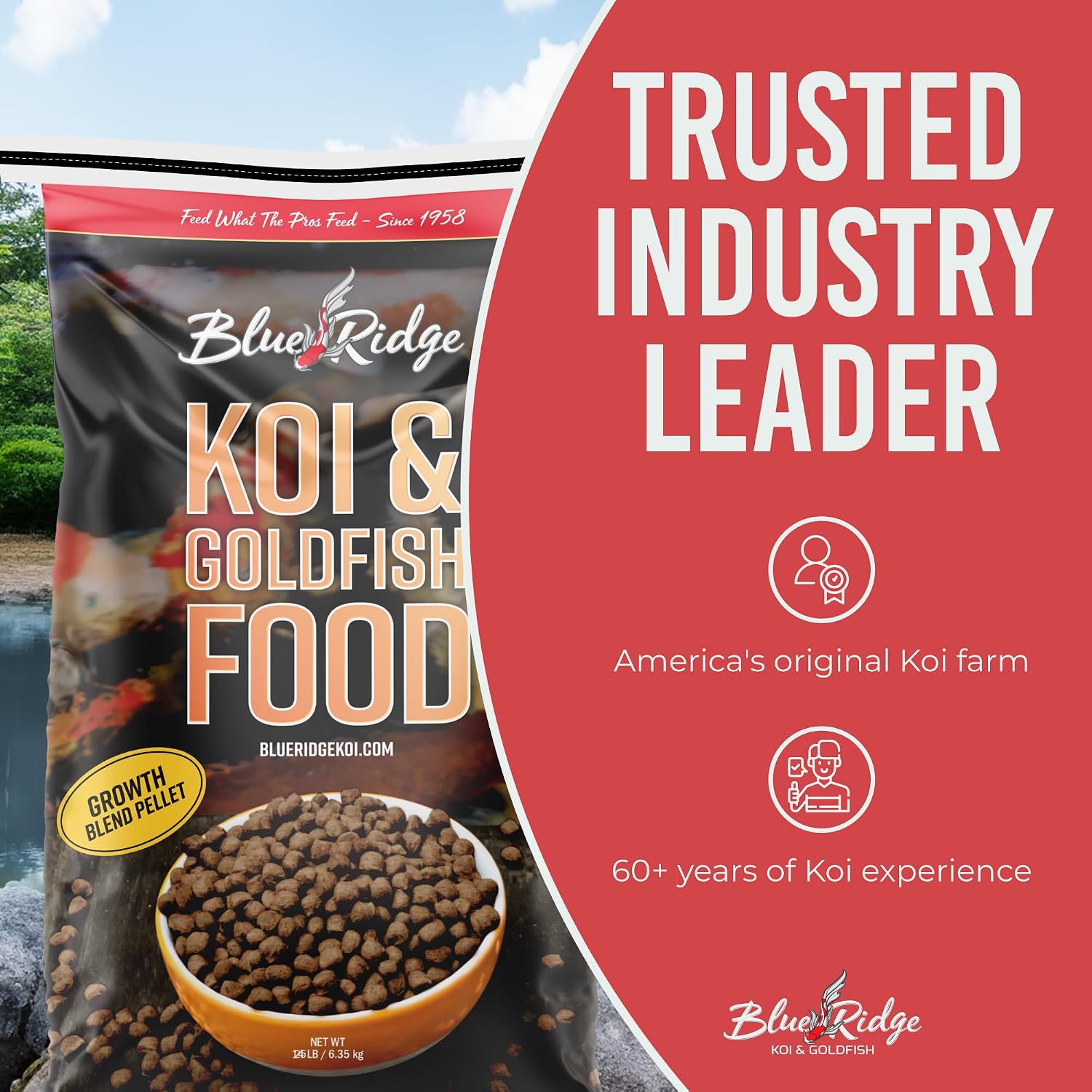 Blue Ridge Koi Fish Food 2lb - Koi Food 3/16” Large and Mini Blend Growth Formula, Goldfish Food, Premium Fish Food for Ponds, Ponds Fish Food, Floating Pond Pellets
