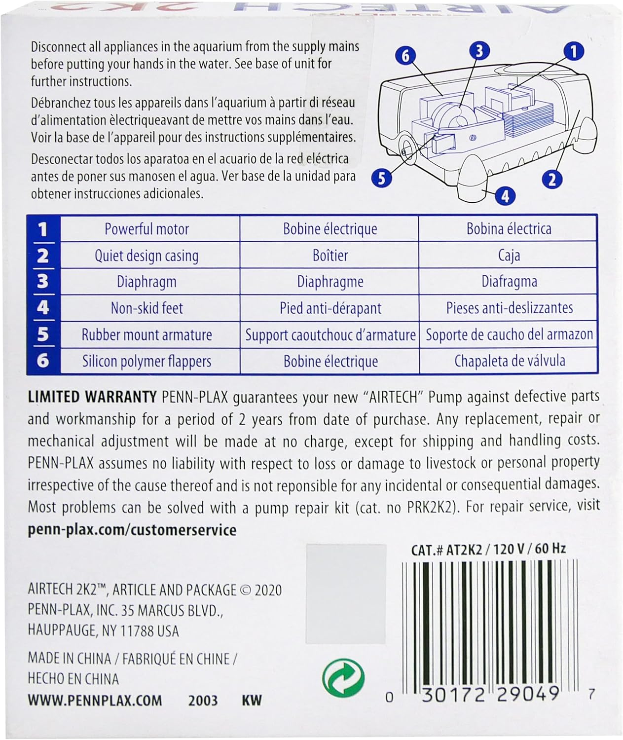 Penn-Plax Air-Tech Aquarium Air Pump | Quiet and Reliable | for Fish Tanks Up to 20 Gallons (AT2K2)