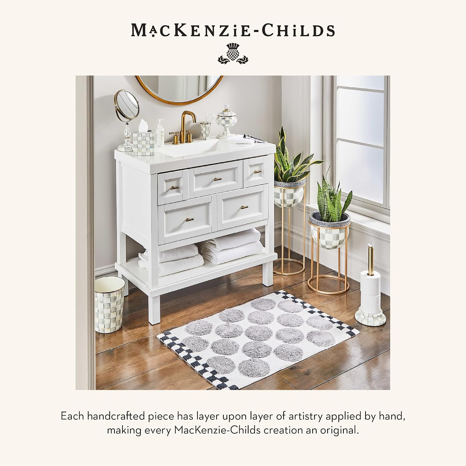MACKENZIE-CHILDS Waste Bin, Black-and-White Courtly Check | Hand-painted design, made from enameled steel, decorative bedroom or bathroom trash can, 8" dia. x 9.5" H