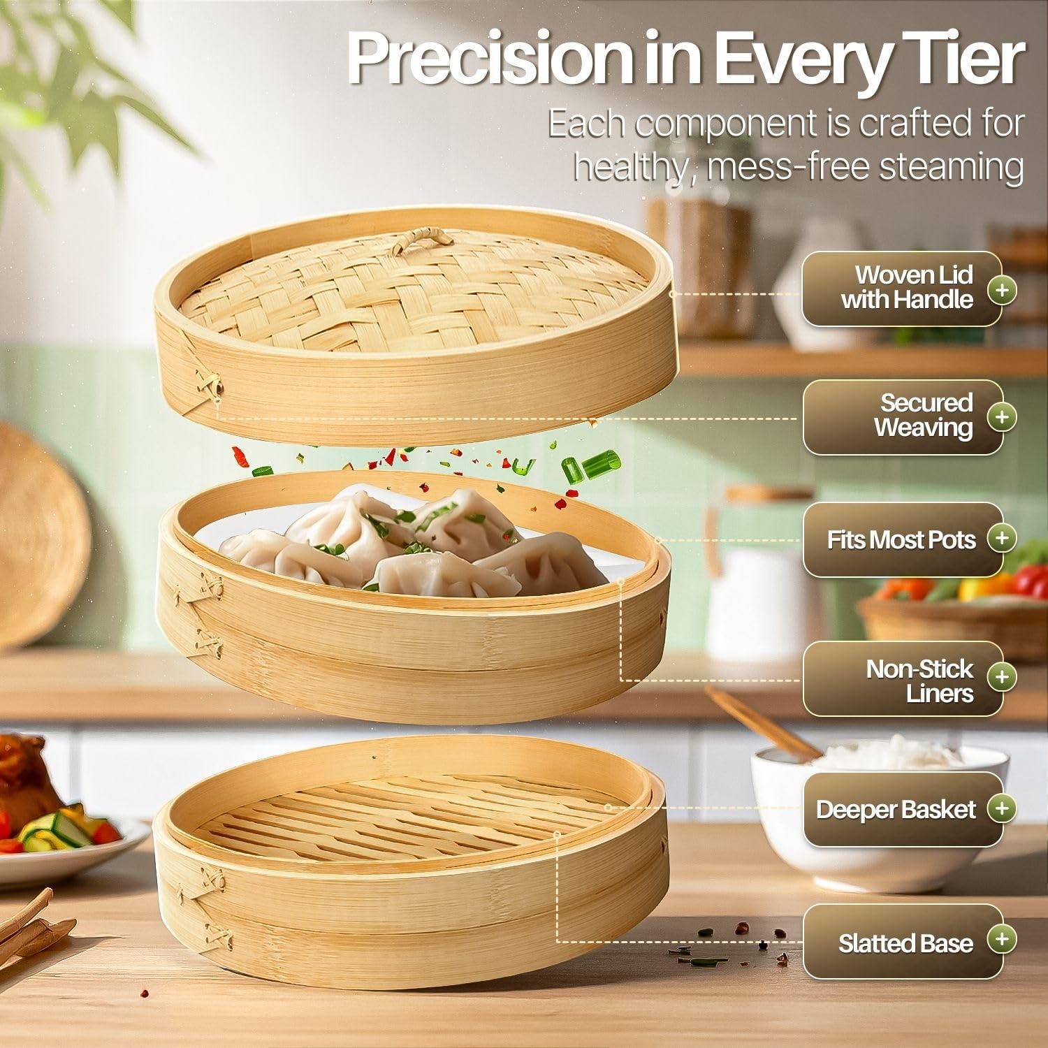 Flexzion Bamboo Steamer Basket Set (8 inch), 50 x Steamer Liners and 2 Pairs of Chopsticks, Steam Baskets for DimSum Dumplings, Rice, Vegetables