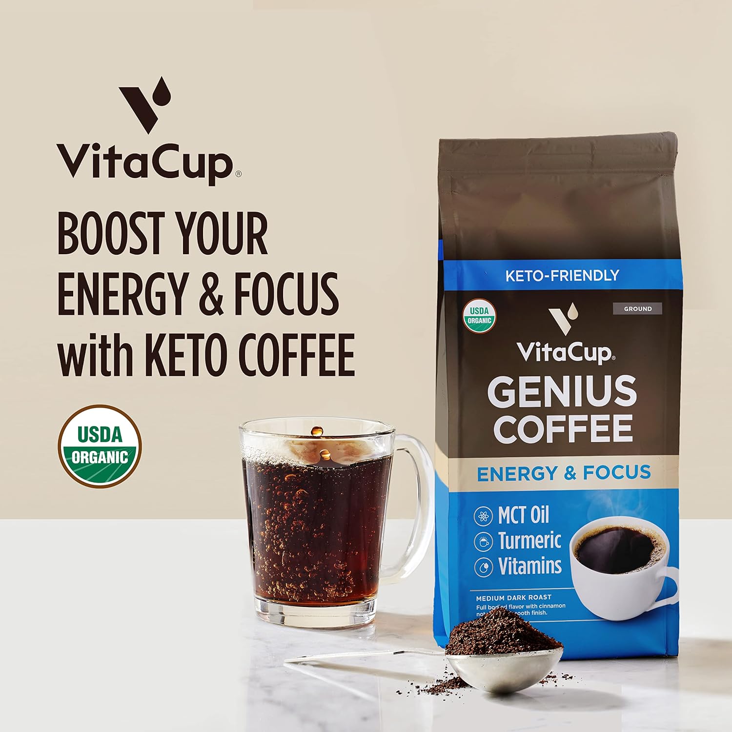 VitaCup Genius Keto Ground Coffee with MCT Oil, 11oz