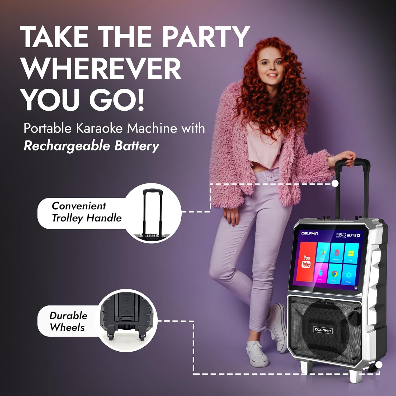 Dolphin KB-85R Karaoke Machine with Wireless Microphone, 8" Woofer | 14" Tablet, 100W RMS, 5400mAh Battery, Bluetooth, HDMI Output, USB, SD, FM