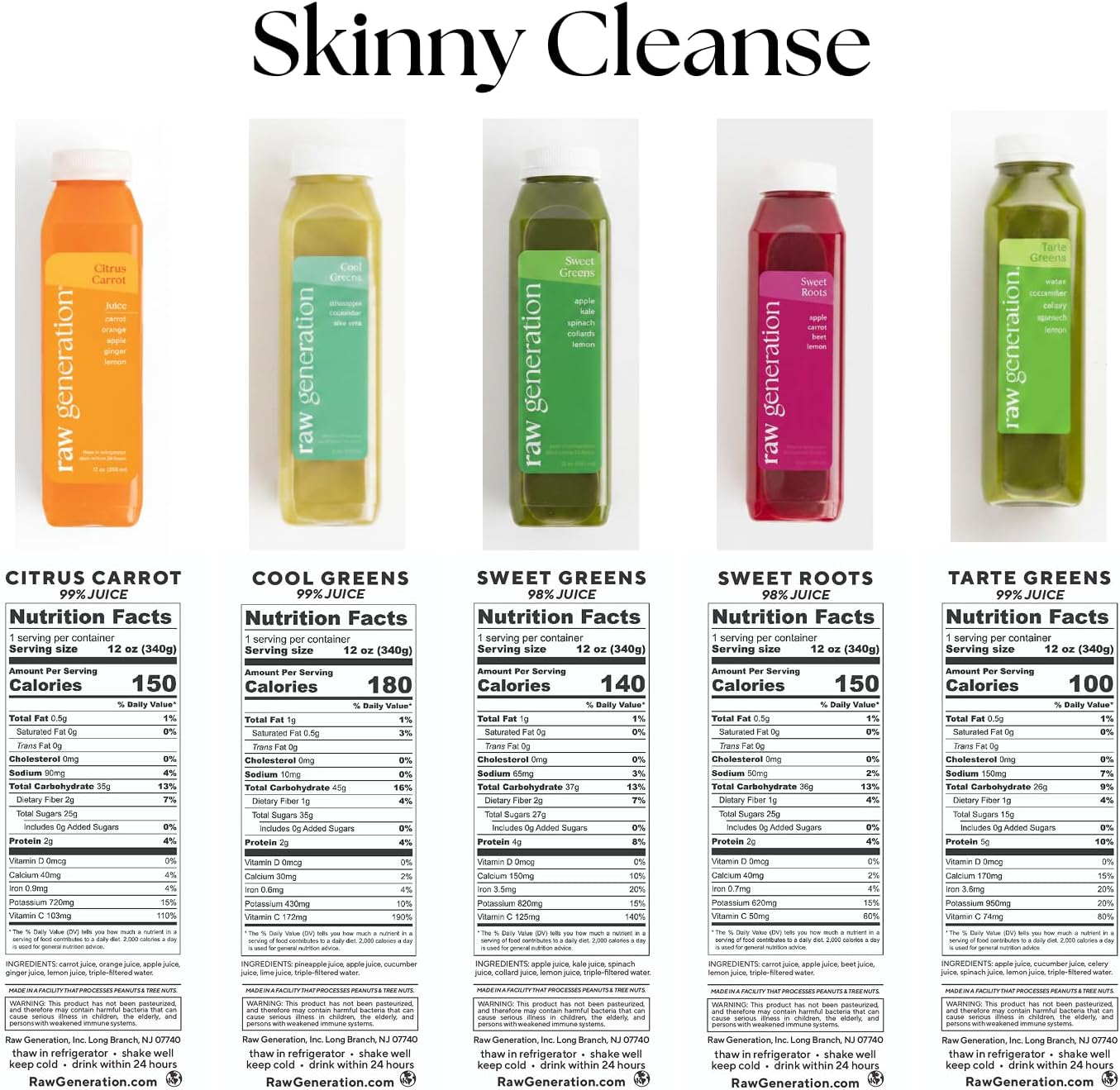 Raw Generation Skinny Juice Cleanse, 5-Day, 30 Cold-Pressed Juice Bottles | Clean ingredients, no added sugar or sweeteners, fruit & vegetable blends, 19g daily protein, at-home reset, cravings support