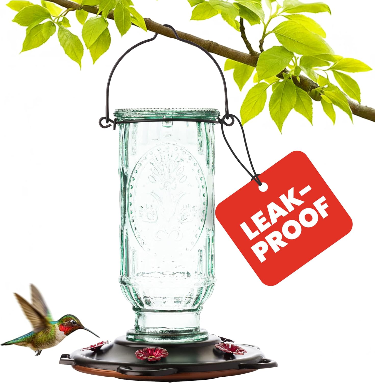 More Birds Vintage Glass Hummingbird Feeder, 20 oz Nectar Capacity | 5 Red Flower-Shaped Feeding Ports, Antique Aqua-Tinted Design