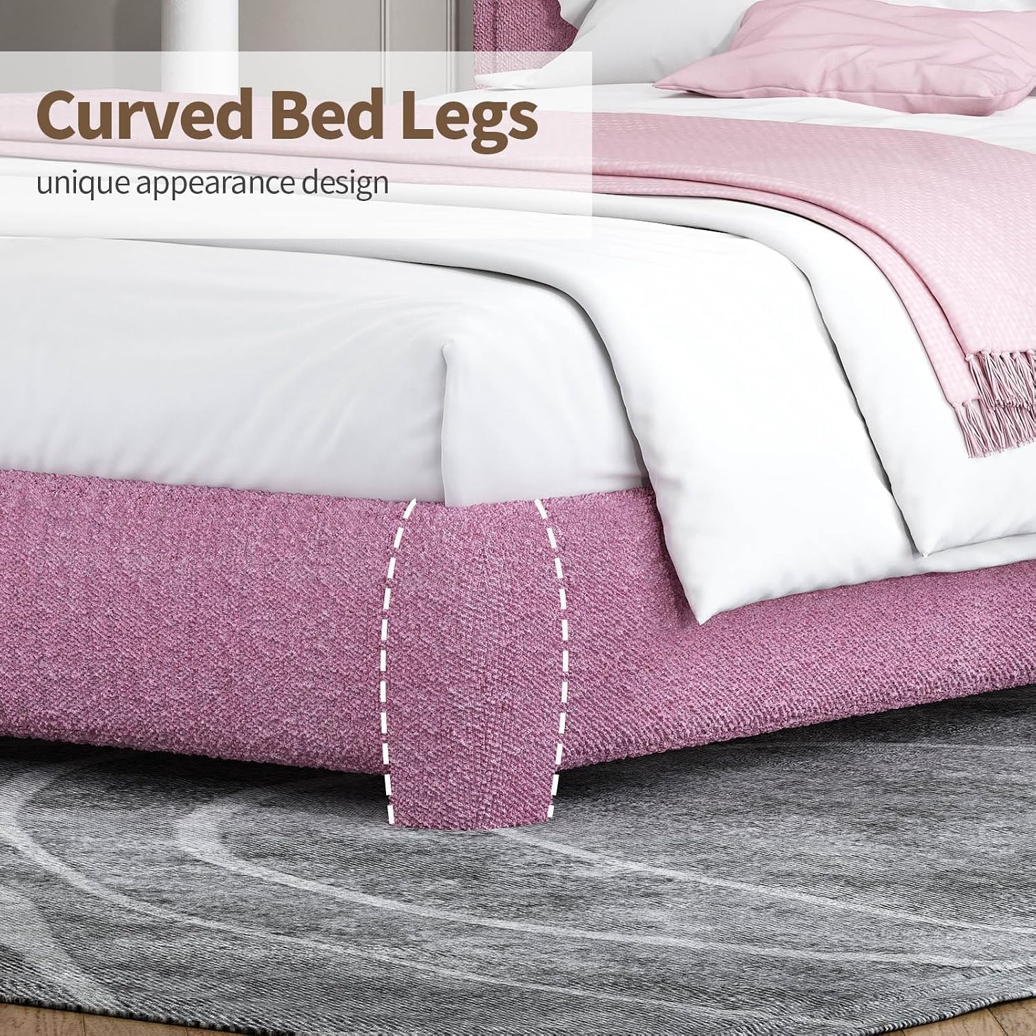 BarnFurin Full Bed Frame, Cloud Boucle Headboard, Rounded Corners, White | Soft boucle and rounded edges create a low-profile cloud look. Wooden slats support the mattress without a box spring