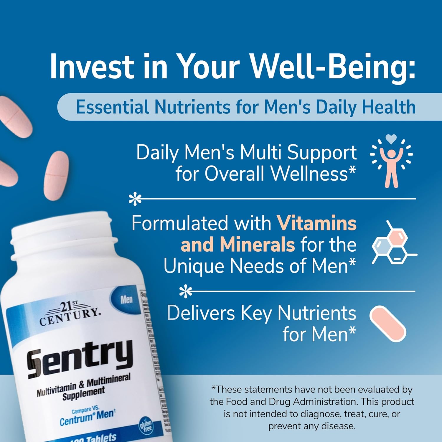 21st Century Sentry Men Multivitamin Tablets, Daily Support, 120 Count | Complete Daily Multivitamin & Multimineral, Compare VS. Centrum® Men