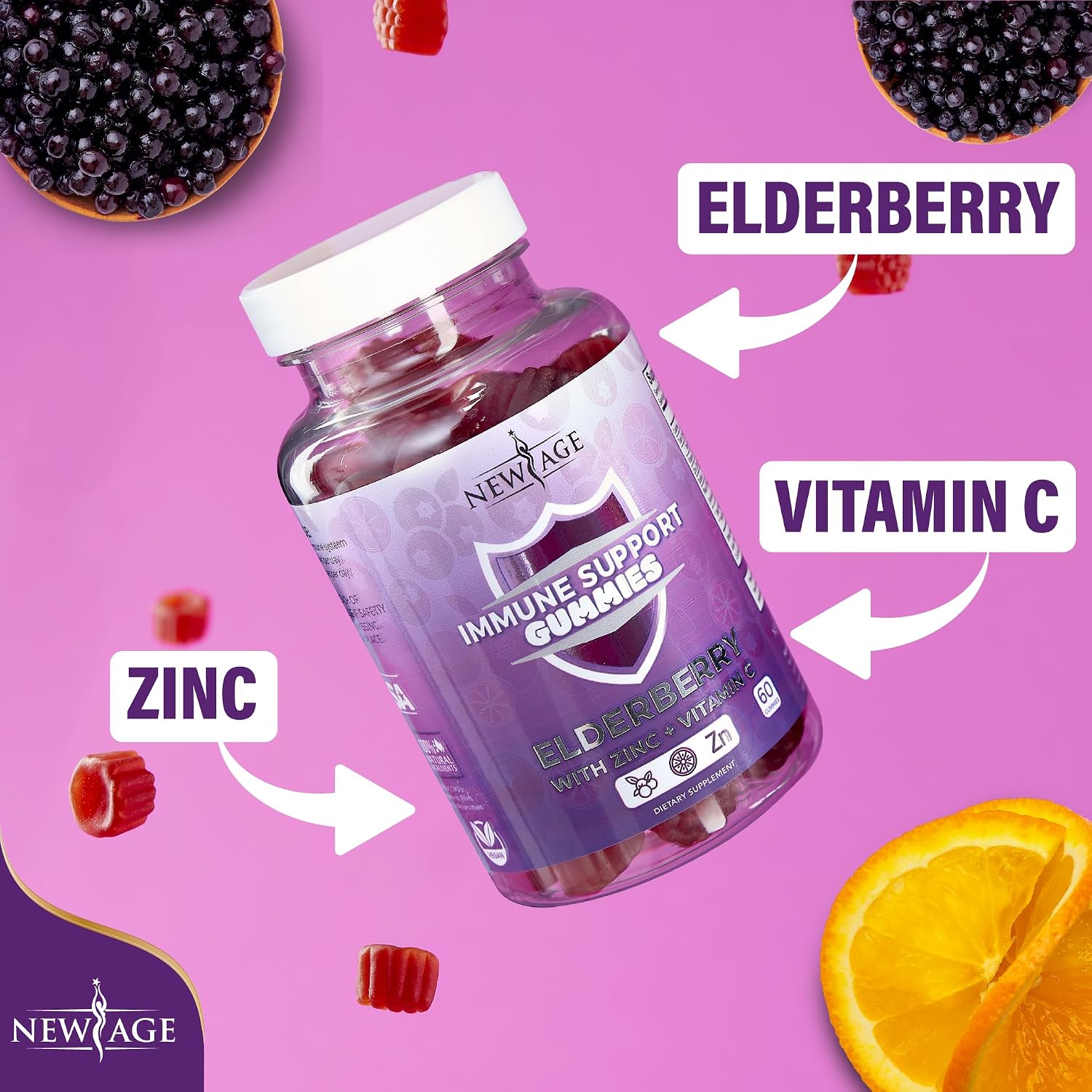 NEW AGE Immune System Support Gummies - Sambucus Black Elderberry Gummies with Vitamin C and Zinc (120 Count (Pack of 2))