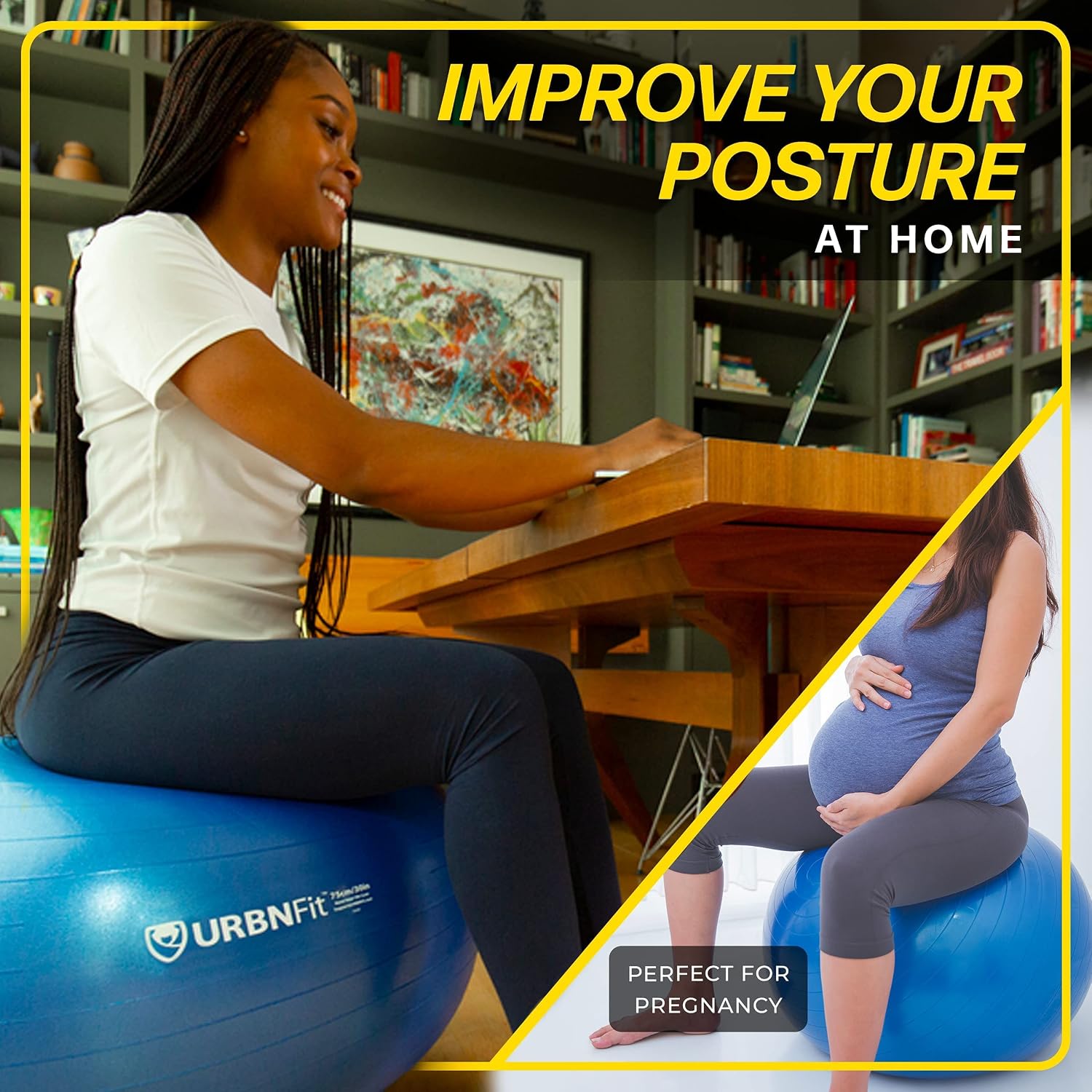 URBNFit Exercise Ball - Yoga Ball for Workout Pregnancy Stability - AntiBurst Swiss Balance Ball w/ Pump - Fitness Ball Chair for Office, Home Gym