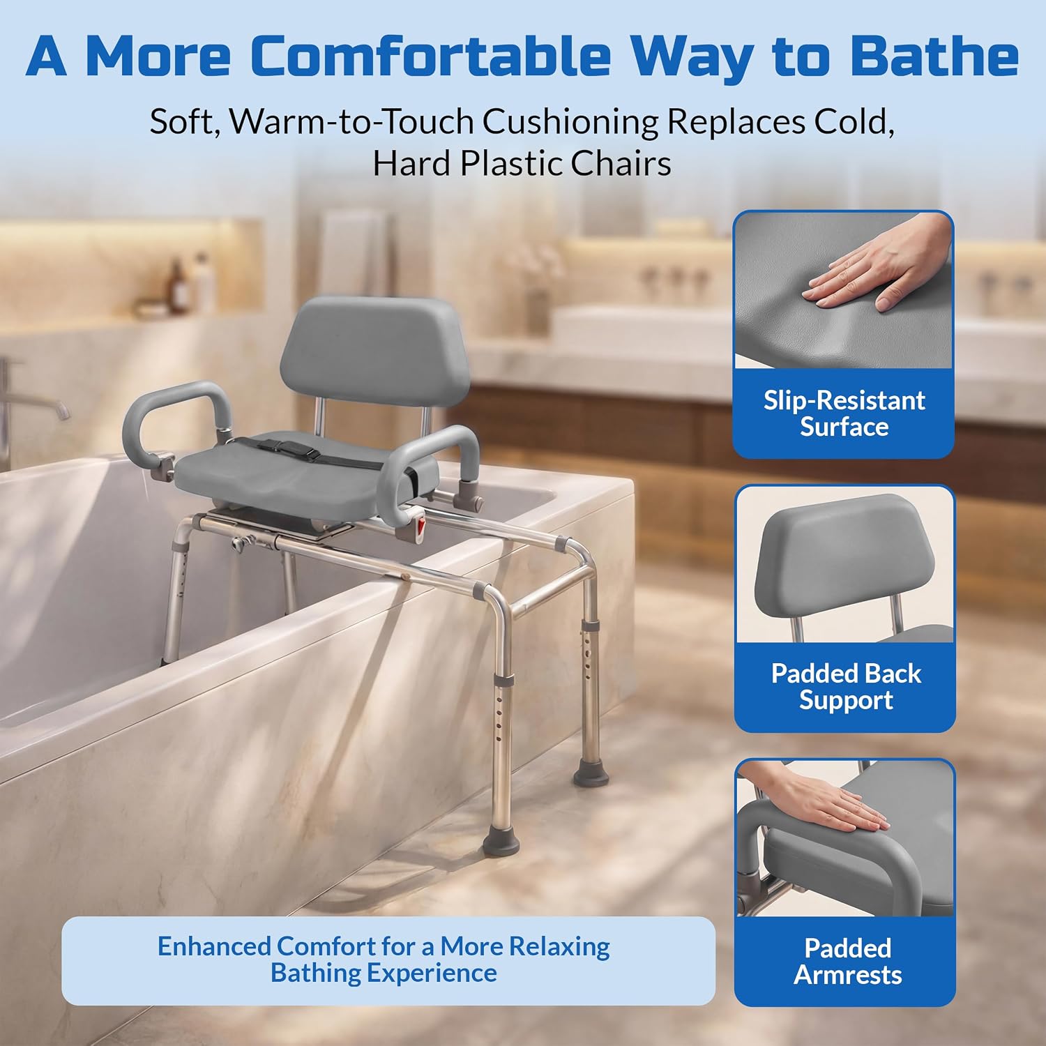 Carousel Sliding Shower Chair Tub Transfer Bench with Swivel Seat Elderly | Slide Safely In & Out of the Tub - Blue, padded seat, padded armrests, swivel seat, backrest, portable, tool-free assembly