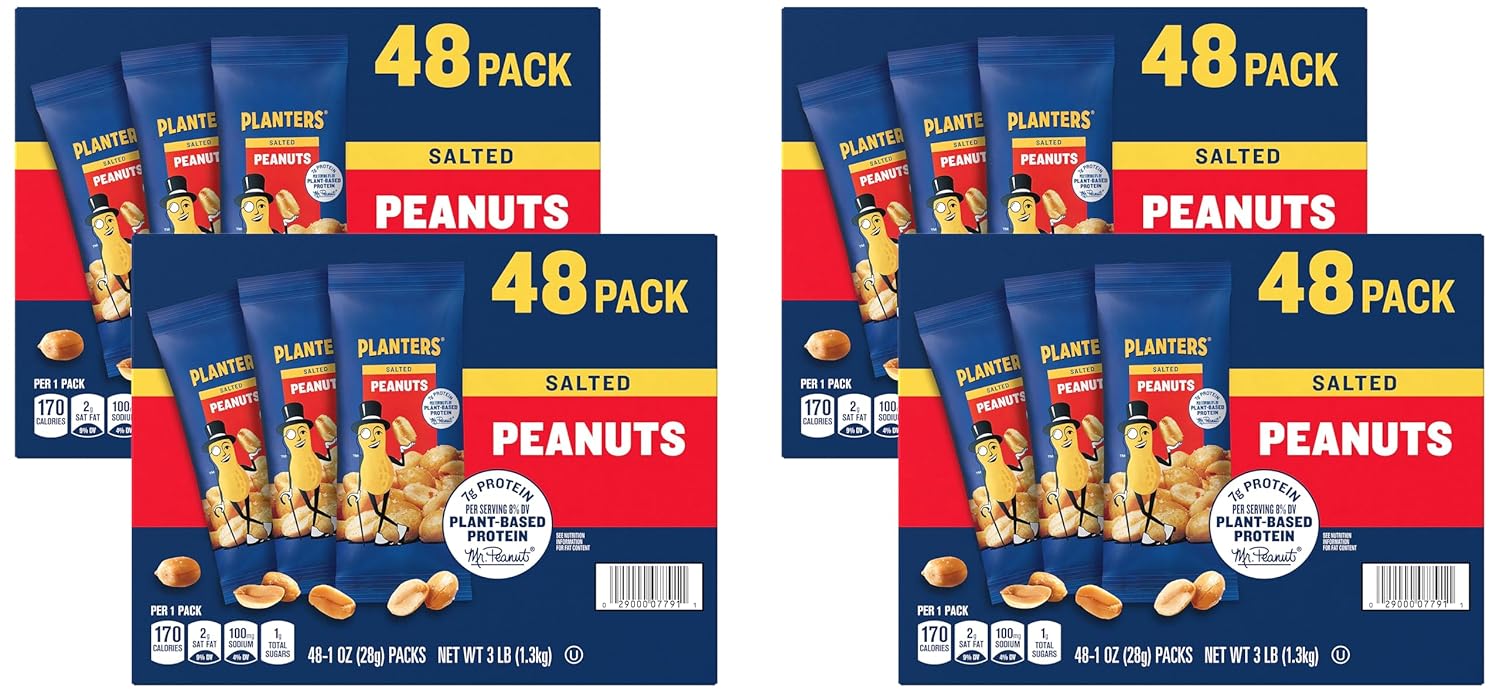 PLANTERS Salted Peanuts, Plant Based Protein Snacks, 1 Oz (48 Ct) | Roasted Salted Nuts Snack Packs. Kosher. Bag. Snacks for Adults. Individual Snacks