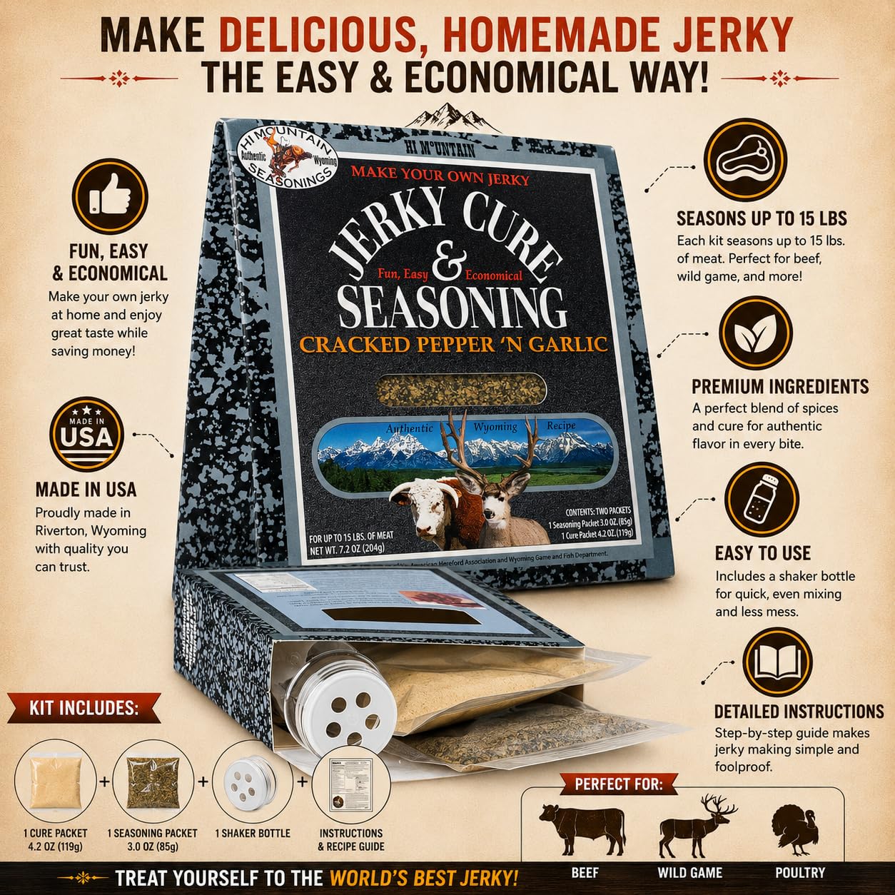 Hi Mountain CRACKED PEPPER 'N GARLIC BLEND Jerky Seasoning and Cure Kit | Bold pepper and garlic flavor, jerky seasoning for beef, deer, elk