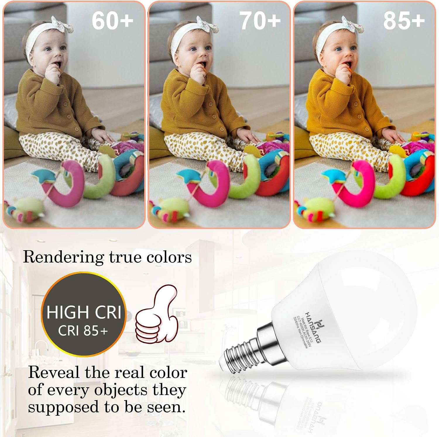 E12 LED Bulb 60W Equivalent Candelabra Light Bulbs 2700K Warm White | Small Base Light Bulb, 6W A15 LED Ceiling Fan Light Bulbs, CRI85+, 120V 600LM Round Bulb for Chandelier, Non-Dimmable 6 Pack