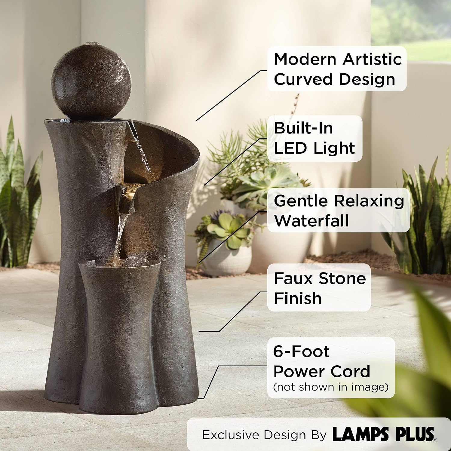 Modern Sphere Curve Cascading 39 1/2" Large LED Outdoor Indoor Fountain | Zen Decor Faux Stone Floor with Light Waterfall Water Feature for Outside
