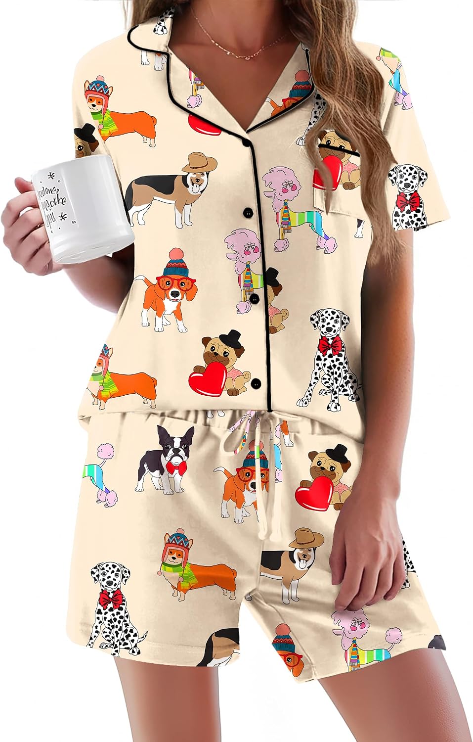 Ekouaer Pajamas Set for Women Short Sleeve Sleepwear Button Down Pj XS-XXXL | Summer 2 Piece Lounge Set, Soft Fabric, Drawstring Waistband, for Bridesmaid Bride Party, Plus Size, Petite, Cute Pattern