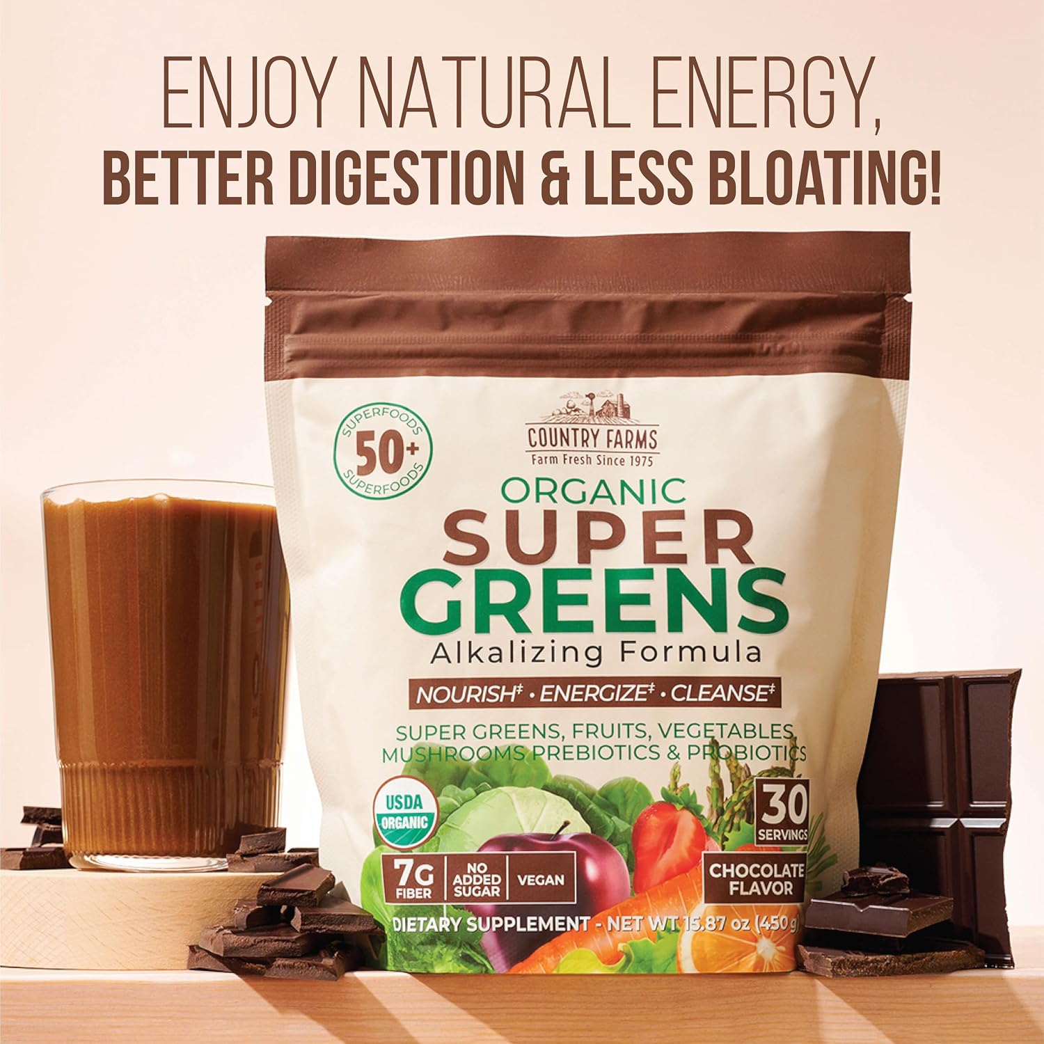 Country Farms Organic Super Greens Powder, Daily Greens Drink Mix with 50 Organic Superfoods, Fruits, Vegetables, Fiber, Mushrooms & Probiotics for Gut Health, Digestion & Energy, Berry Flavor