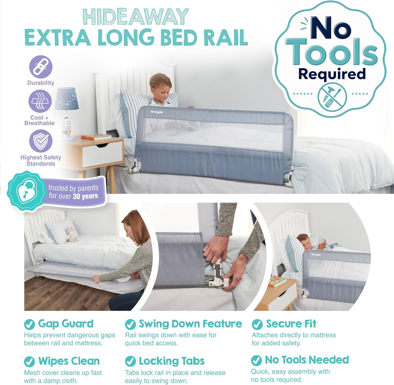 Regalo Safety 54” Extra Long Hideaway Bed Rail Guard for Toddlers, Toddler Bed Rail with Reinforced Anchor Safety System, 20” Tall Bed Safety Rail, Fits Twin, Full & Queen Beds