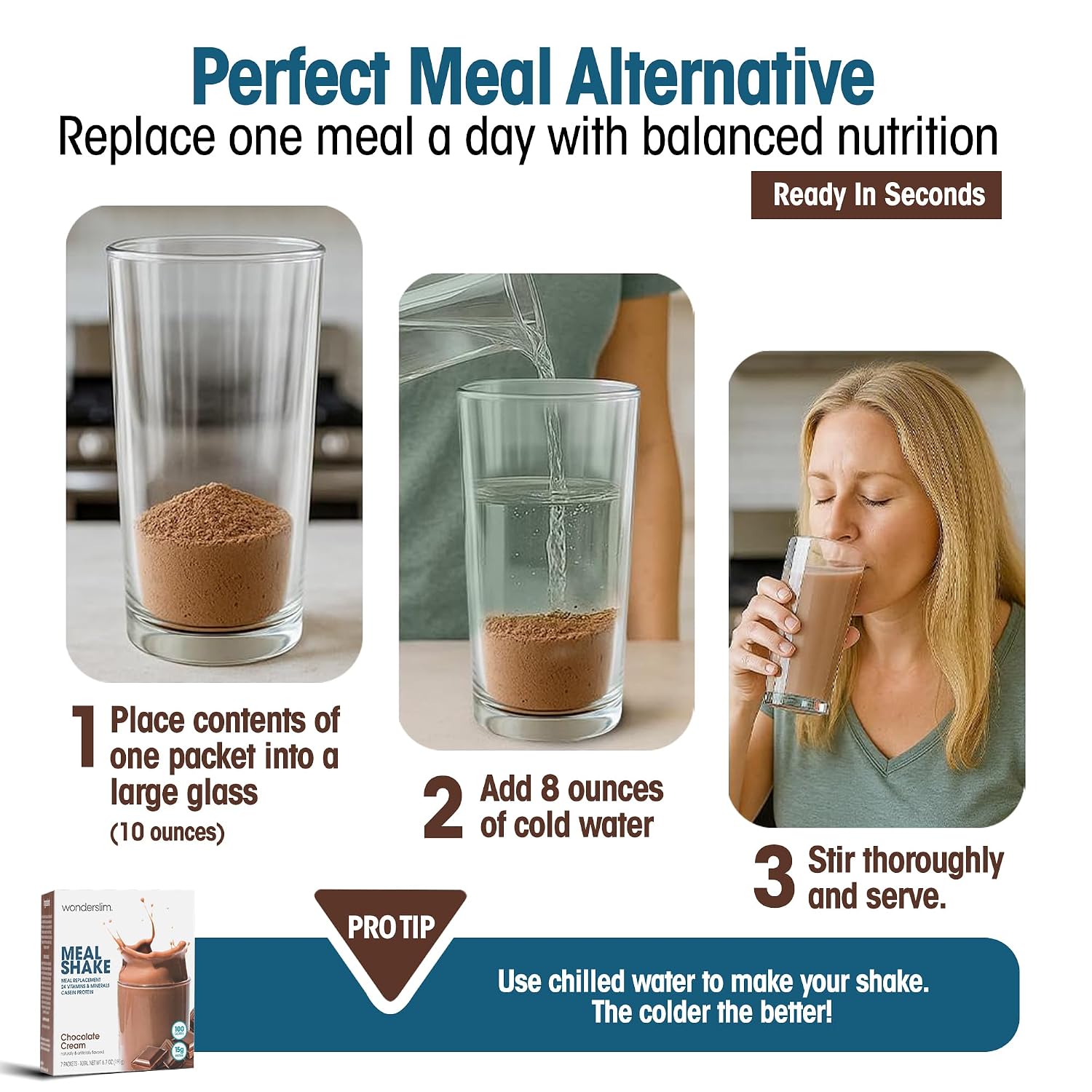 WonderSlim Protein Meal Replacement Shake – 15g Protein, 24 Vitamins & Minerals, Low Carb, Low Calorie, Gluten Free – Meal Replacement Drink for Weight Management, 7 Count Packets (Dark Cocoa Cream)