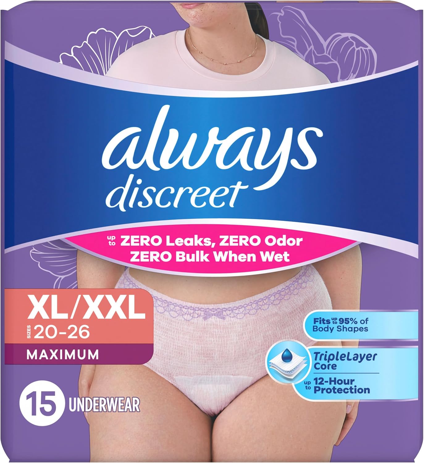 Always Discreet Adult Diapers for Women, Incontinence Underwear, Postpartum Essentials, Disposable Briefs, Max Absorbency, Bladder Leak Protection, Small/Medium, 32ct