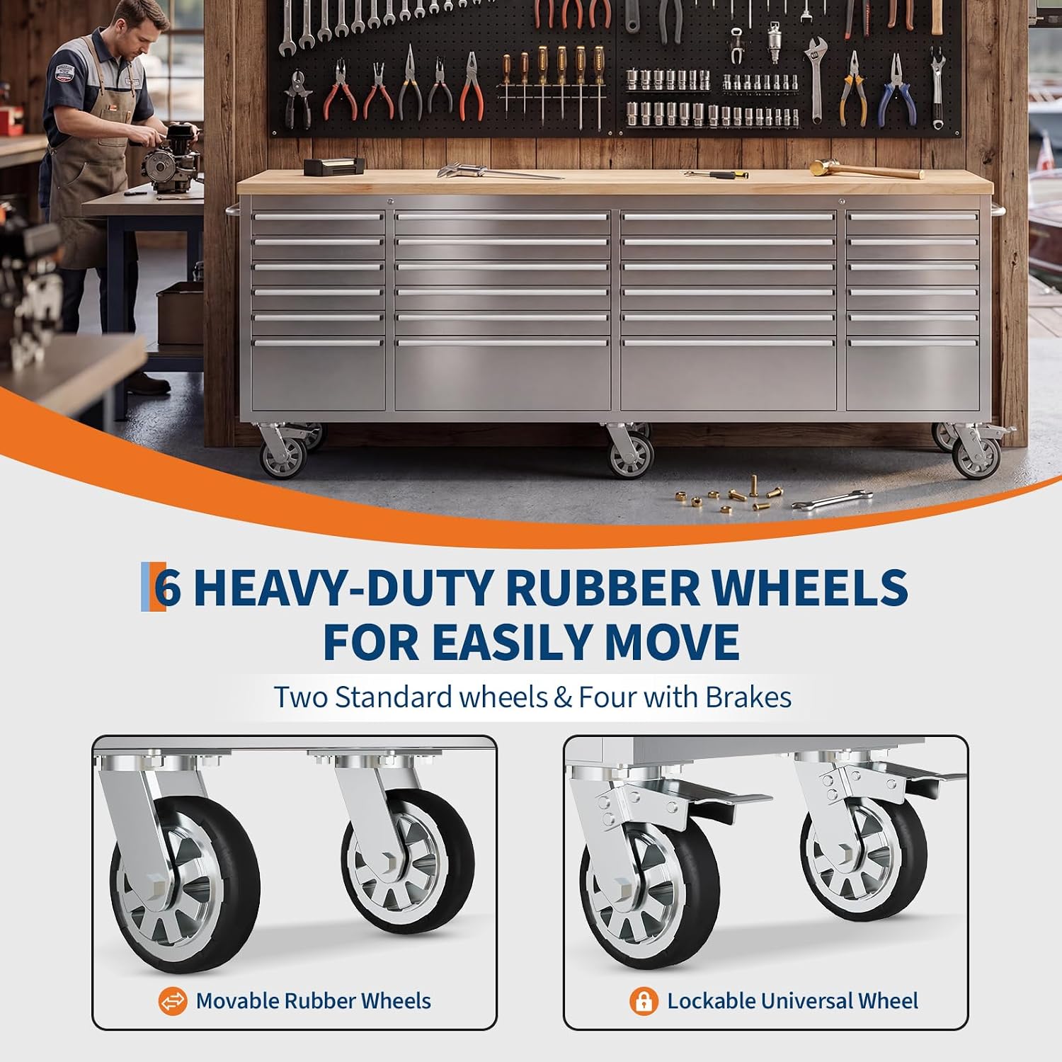 72" Heavy-Duty Rolling Tool Chest & Workbench with 15 Drawers, Steel Rubber Wood Top on Wheels, Key Locking System, Drawer Liners for Garage Warehouse Repair Shop, Black Storage Cabinet.