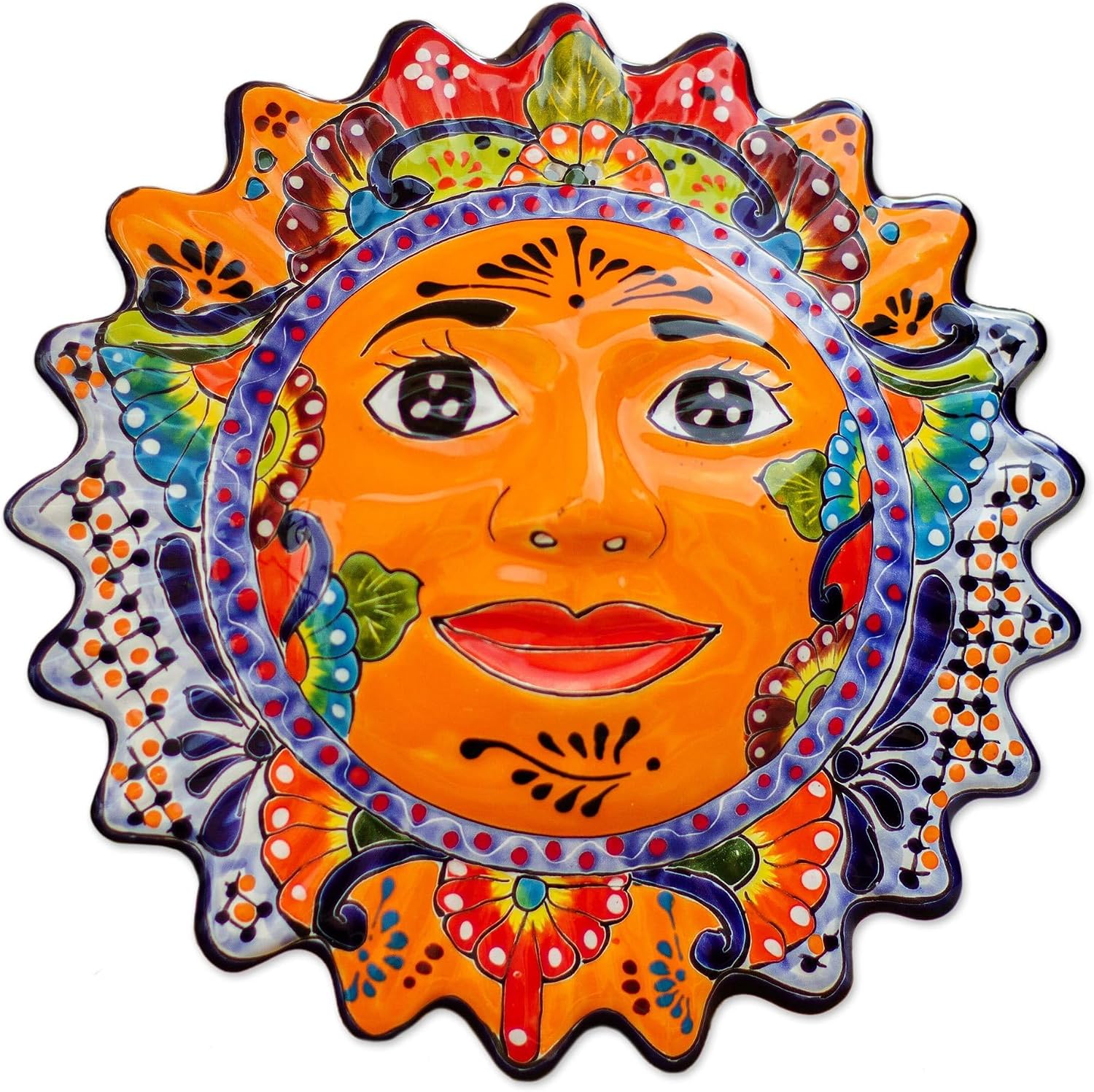 NOVICA Artisan Handmade Ceramic Wall Sculpture Handpainted Sun from Mexico Multicolor Decor Art Moon [13in H x 13in W x 2.3in D] ' Luz Del Sol'