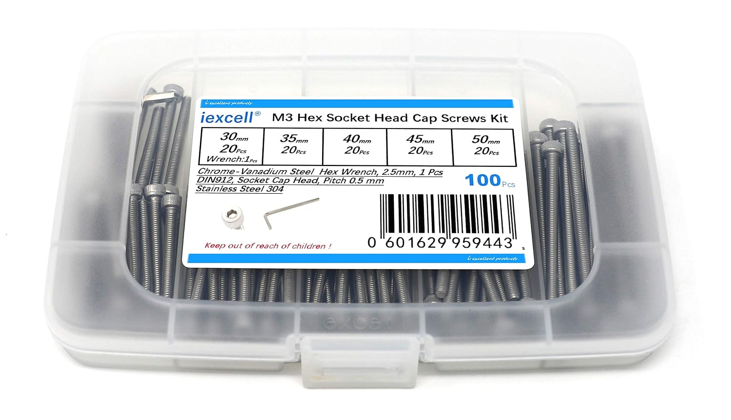 iexcell 20 Pcs M8 x 30/35/40/45/50 mm Stainless Steel 304 Hex Socket Head Cap Screws Bolts Assortment, Fully Threaded