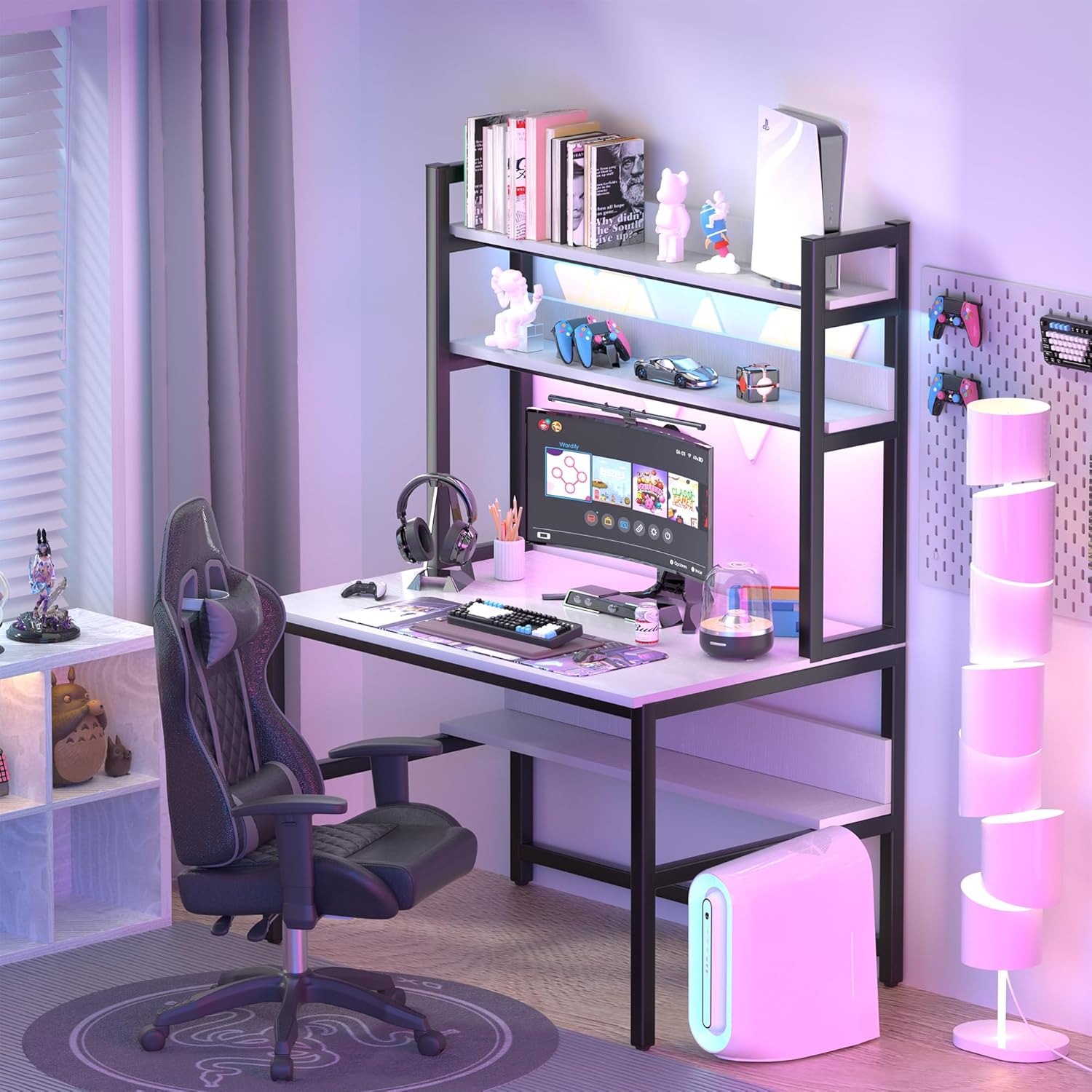 Aquzee Computer Desk with Shelves, 47" W x 23.6" D Gaming Desk with Hutch and Bookshelf