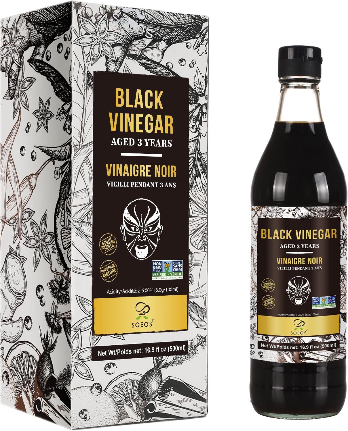 Soeos Chinkiang Vinegar, 16.9 fl oz (500ml), 3 Years Aged Black Vinegar | Chinese Black Vinegar, Zhenjiang Vinegar, Black Rice Vinegar
