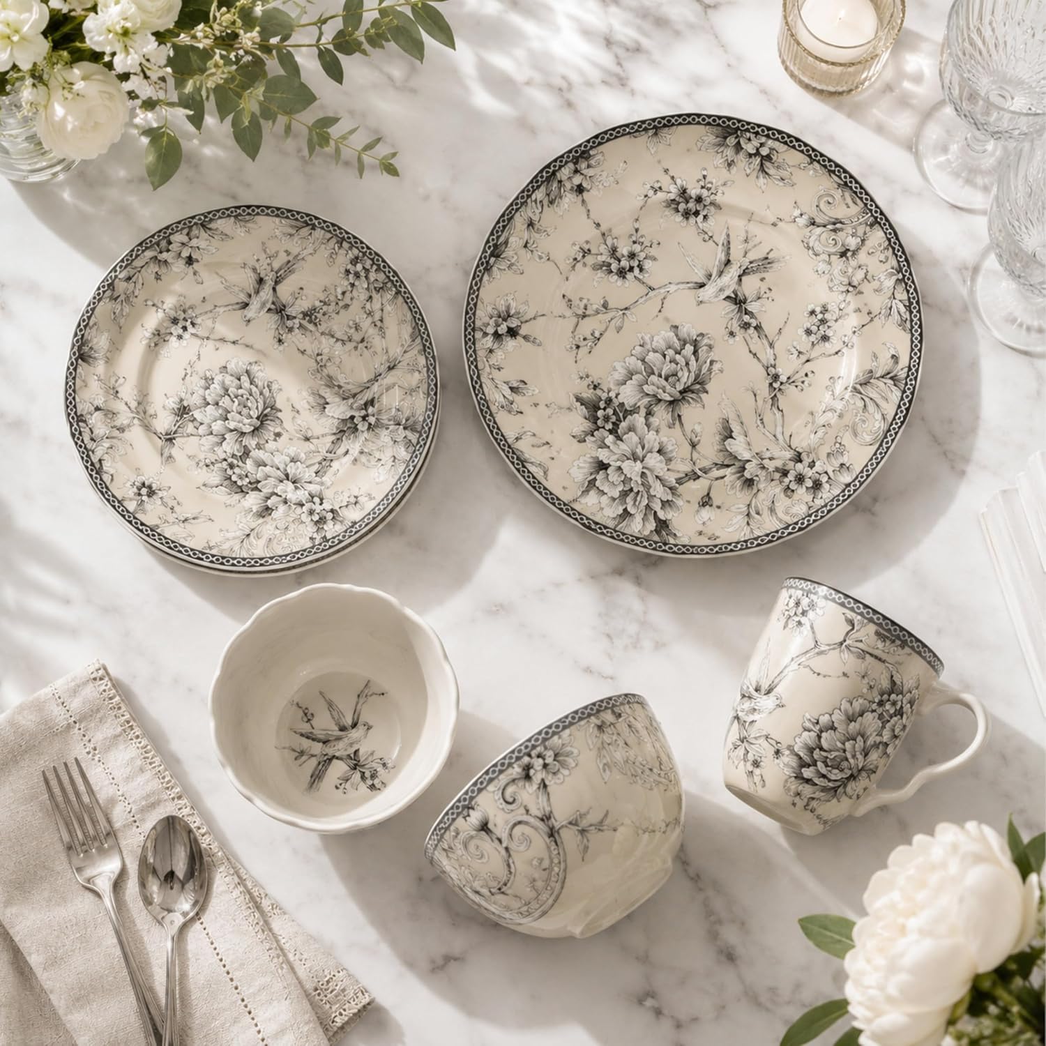 222 Fifth Adelaide 16-Piece Black Porcelain Dinnerware Set – Service for 4, Featuring Hand-Applied Romantic Woodland Bird Design
