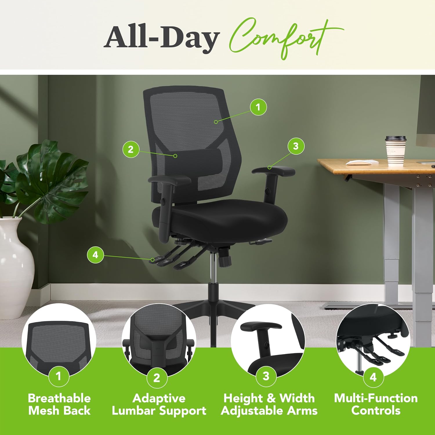 HON Crio Big and Tall Ergonomic Office Chair, Heavy Duty Desk Chair, Black | Big and tall ergonomic office desk chair for desk work, lumbar support, adjustable arms, mesh comfort, 450 lb capacity