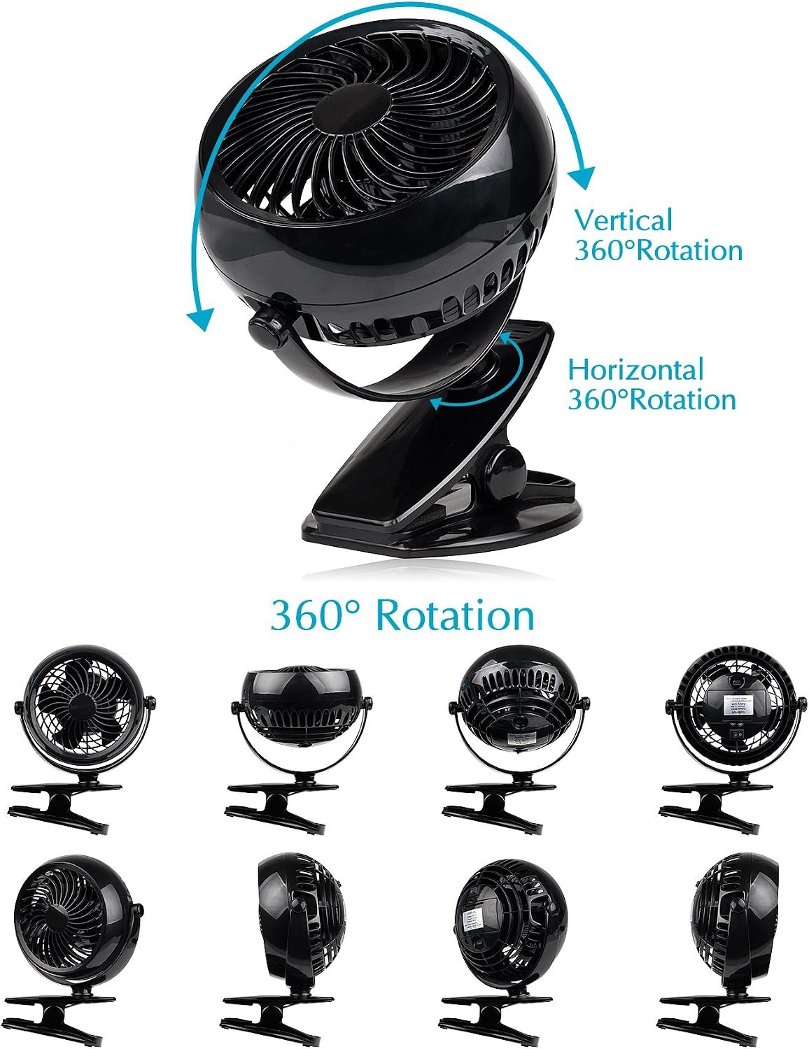 Gazeled Clip on Fan Battery Operated, 360° Rotation, with 8 Free AA Batteries, Quiet USB or Battery Operated Fan