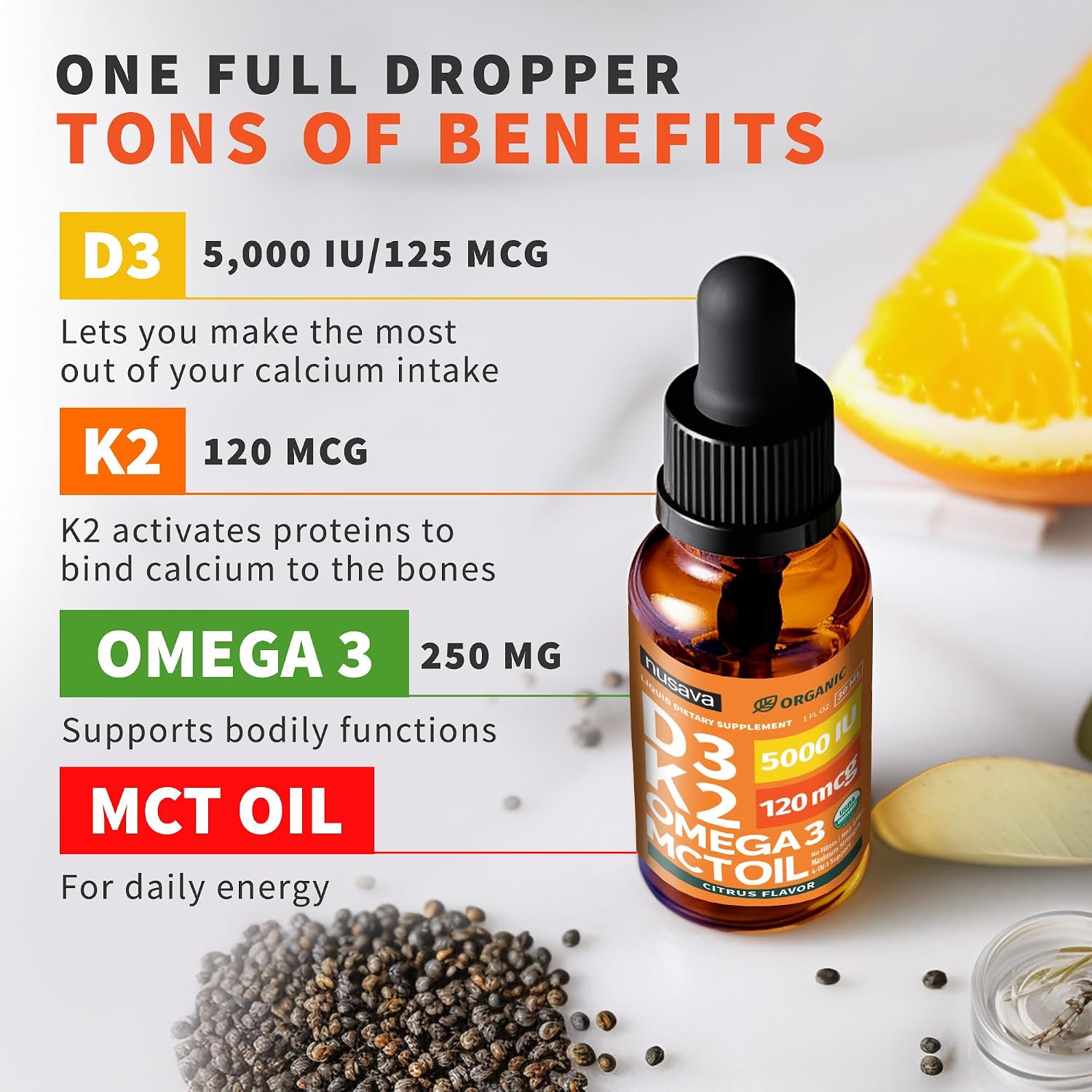 Nusava Organic Vitamin D3 K2 Drops with MCT Oil, Unflavored, Pack of 2