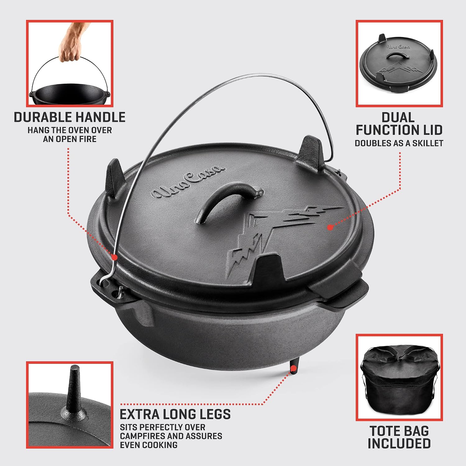 Uno Casa 6Qt Cast Iron Camping Dutch Oven with Lid Lifter and Storage Bag - Pre-Seasoned Outdoor Dutch Oven for Campfire Cooking, Stews