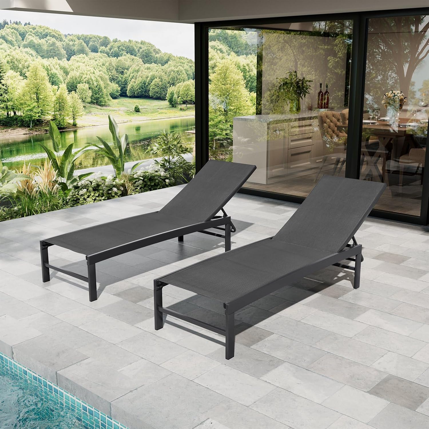 Crestlive Products Outdoor Pool Lounge Chairs Set of 2 with Side Table, Adjustable Five-Position Recliner for Beach, Pool, Sunbathing, Lawn