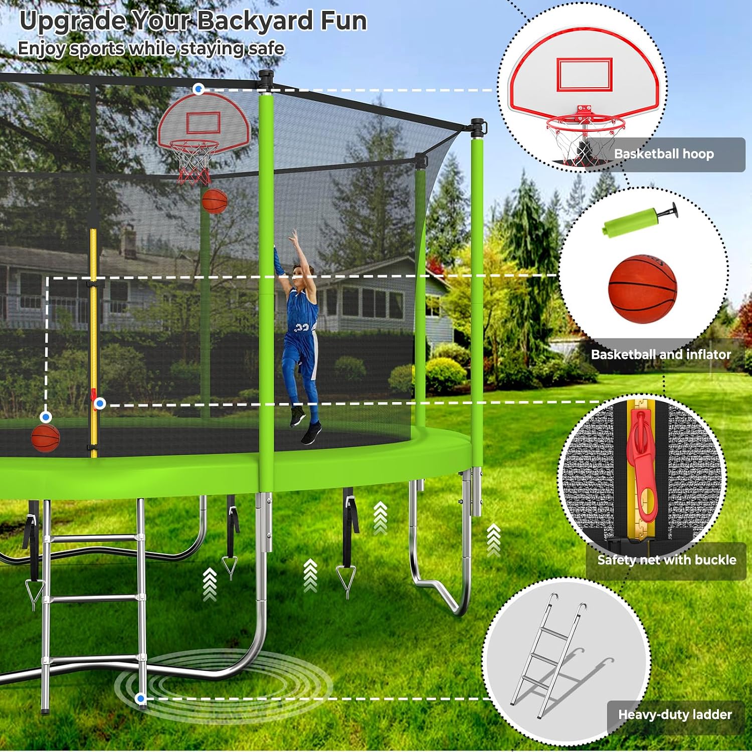 10 12 14 16FT Trampoline Outdoor, Light/Sprinkler/Basketball Hoop | Large Recreational Trampoline for Kids and Adults, Heavy Duty Yard Trampolines with Enclosure Net, ASTM Approval