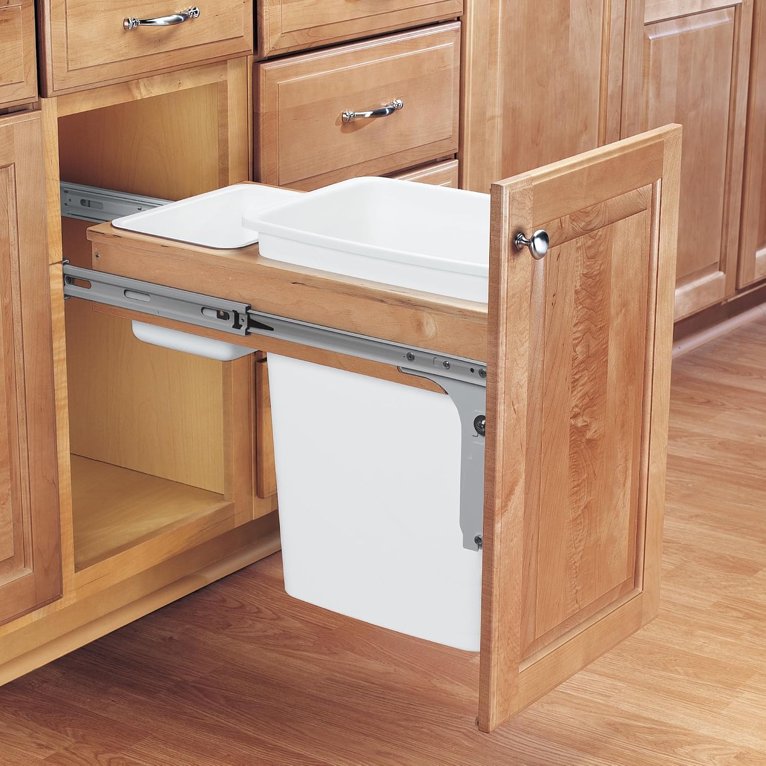 Rev-A-Shelf Top Mount Double Pullout Under Cabinet 50 Quart Kitchen Trash Cans w/Soft-Close for Full Height Cabinet, 150 Pound Rated Full-Extension Slides, 4WCTM-2150BBSCDM-2