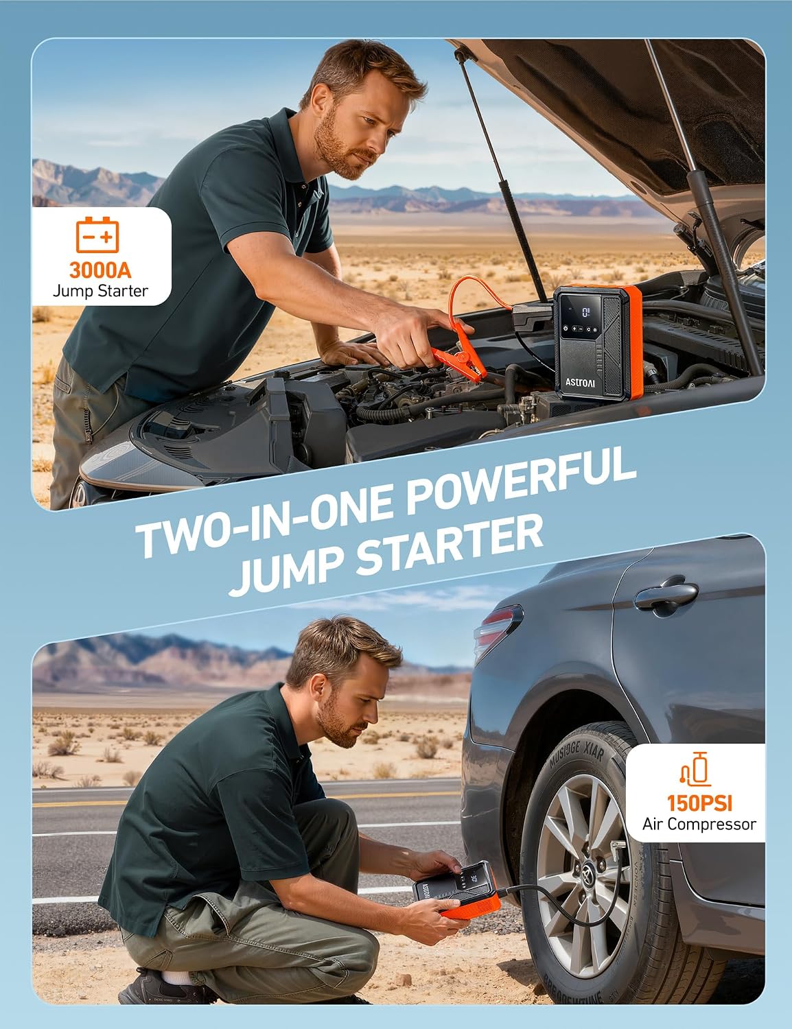 AstroAI S8 Air Jump Starter with Air Compressor, 3000A Peak Car Battery Jump Starter Portable (9.0 Gas/6.5L Diesel) with 150PSI Cordless Auto-Shutoff Tire Inflator, 12V Battery Charger Booster(Orange)