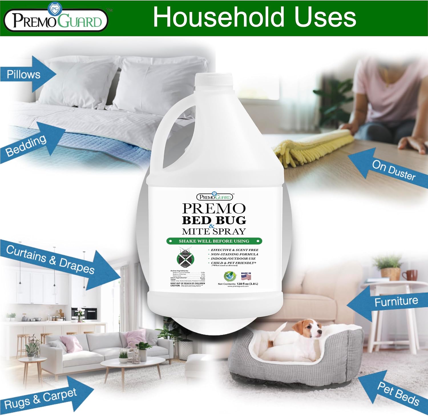 Premo Guard Bed Bug & Mite Killer Spray – University Tested 100% Kill Rate | Natural, Safe for Bedding, Furniture, Fabrics, and Clothing, Non Toxic, Stain & Scent Free, Child & Pet Safe