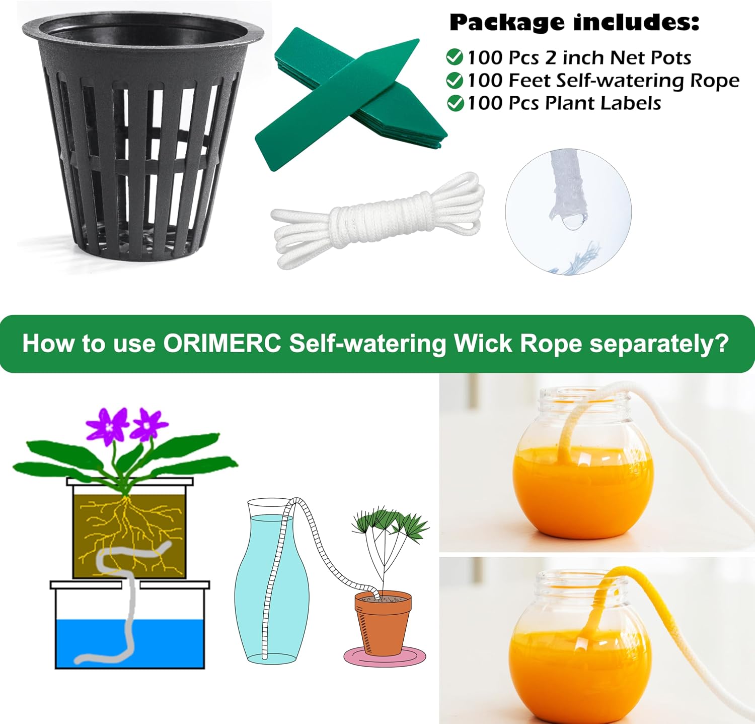 ORIMERC 30 Pack 3 inch Net Cup Pots with 30 feet Hydroponic Self Watering Wick & 30 Plant Labels Aquaponics Mason Jar Bucket Insert Orchid kratky Vegetable Gardening Growing Netted Basket Slotted Mesh